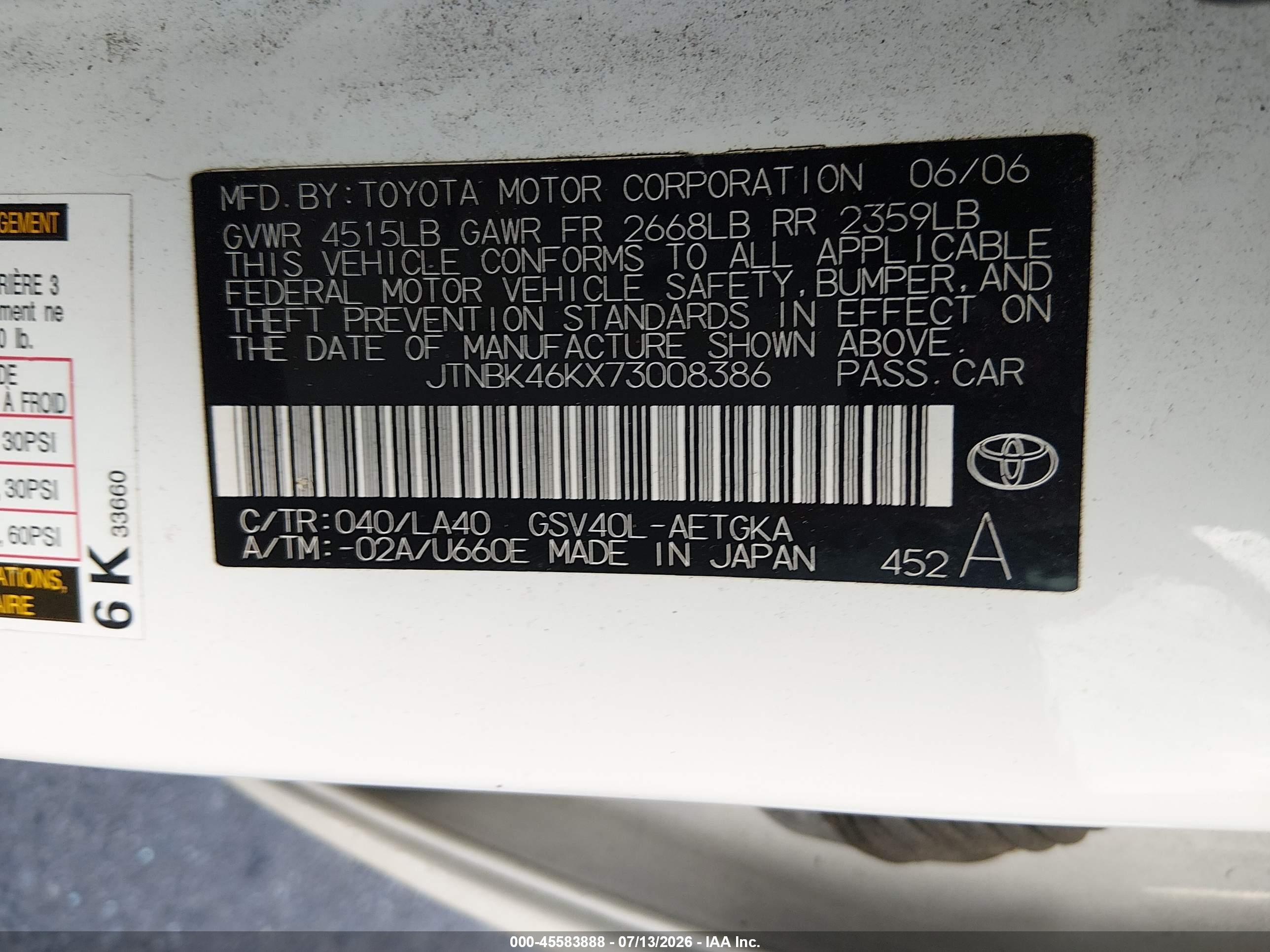 2007 Toyota Camry Xle V6 White vin: JTNBK46KX73008386