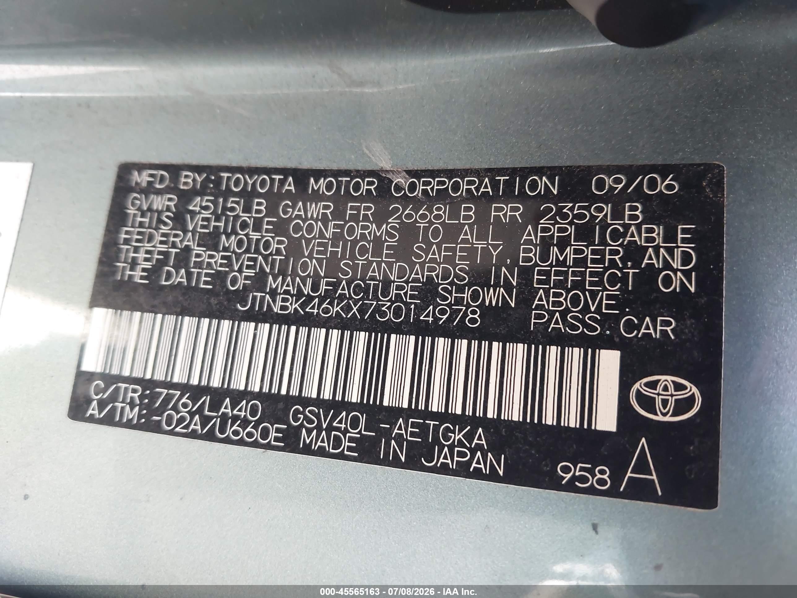 2007 Toyota Camry Le/xle/se Green vin: JTNBK46KX73014978