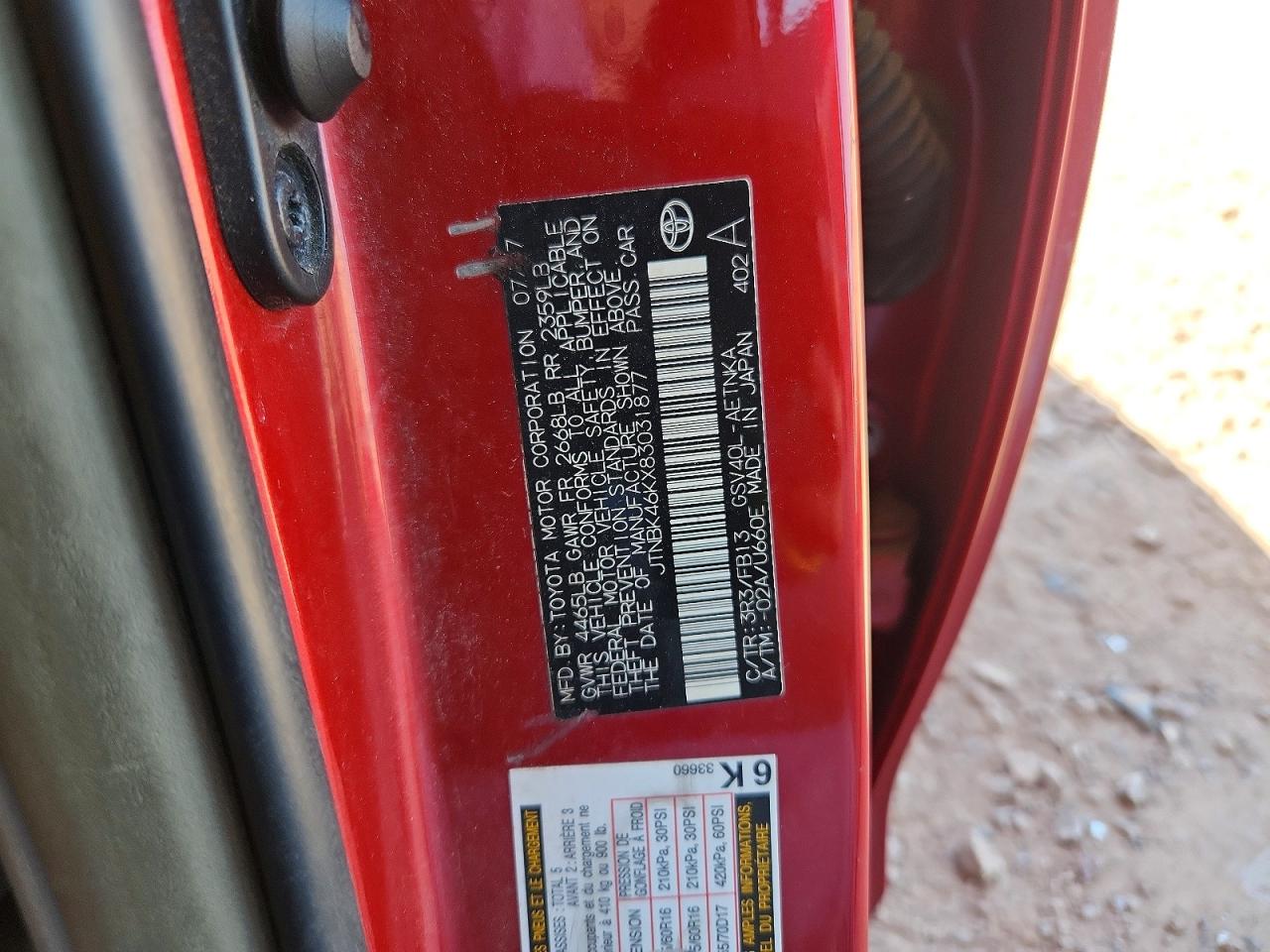 2008 Toyota Camry Le V6 Red vin: JTNBK46KX83031877