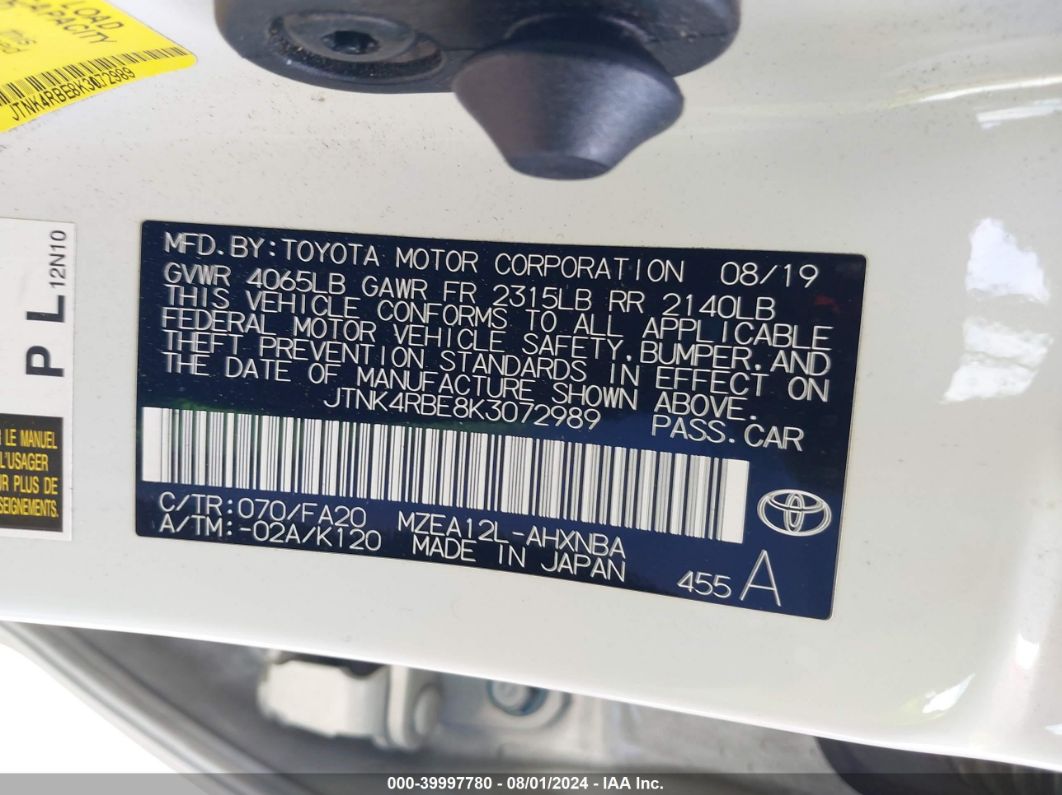 2019 Toyota Corolla Se Белый vin: JTNK4RBE8K3072989