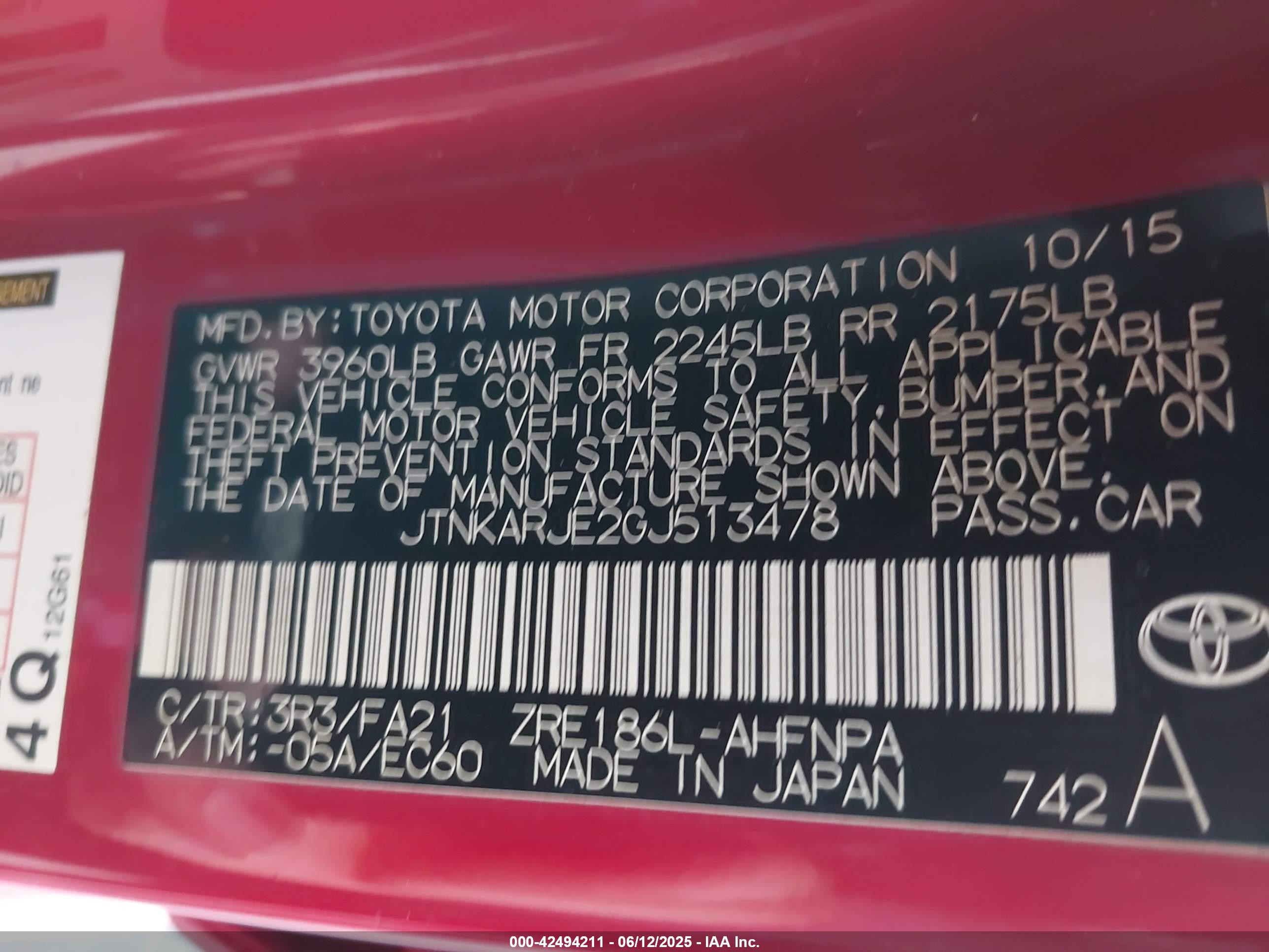 2016 Scion Im   Red vin: JTNKARJE2GJ513478