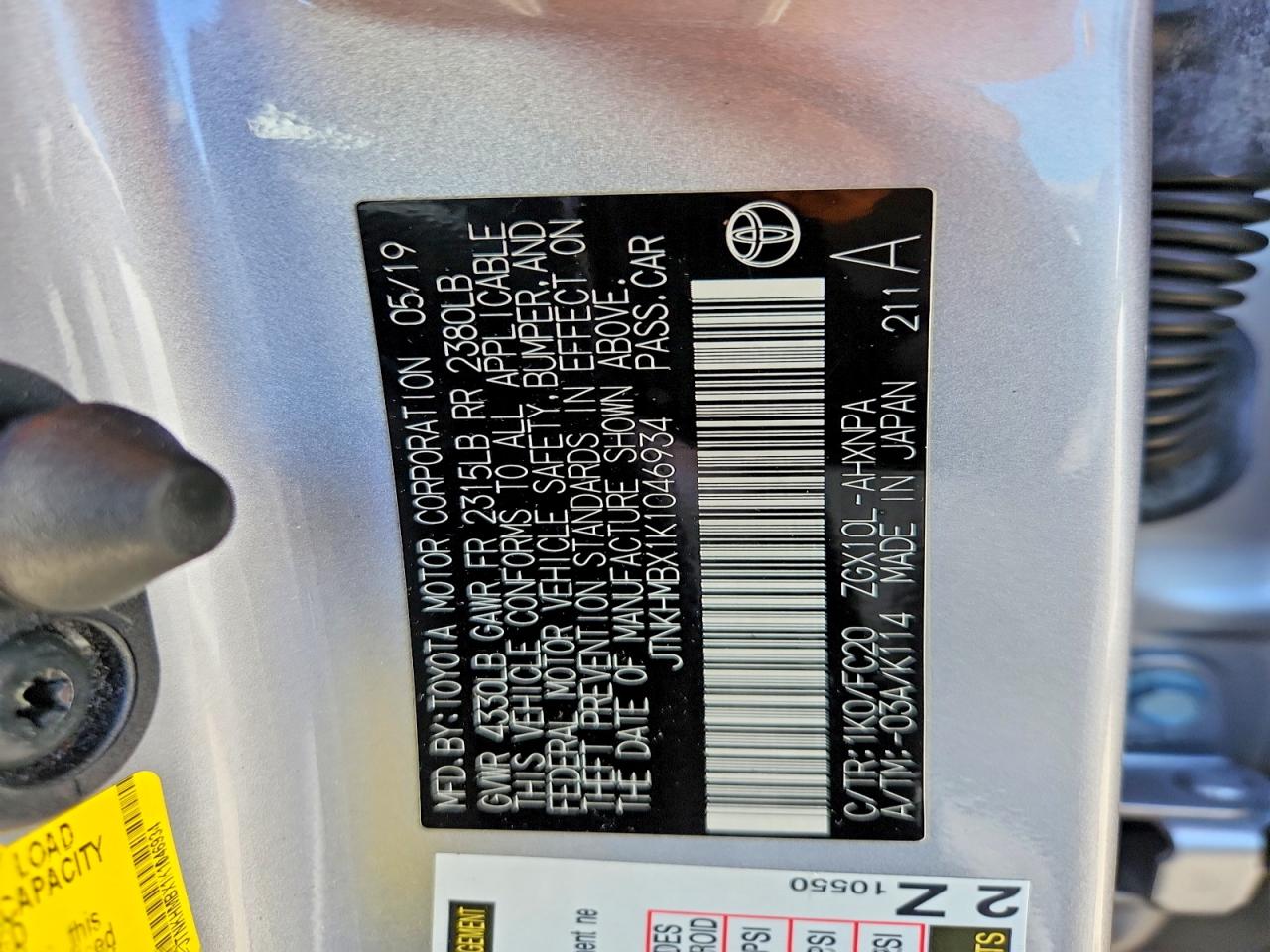 2019 Toyota C-hr Le Silver vin: JTNKHMBX1K1046934