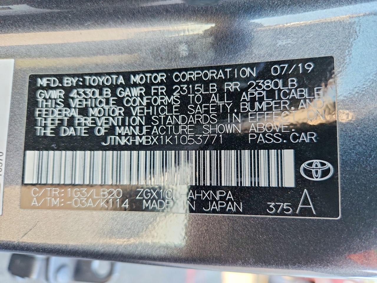 2019 Toyota C-hr Limited Charcoal vin: JTNKHMBX1K1053771