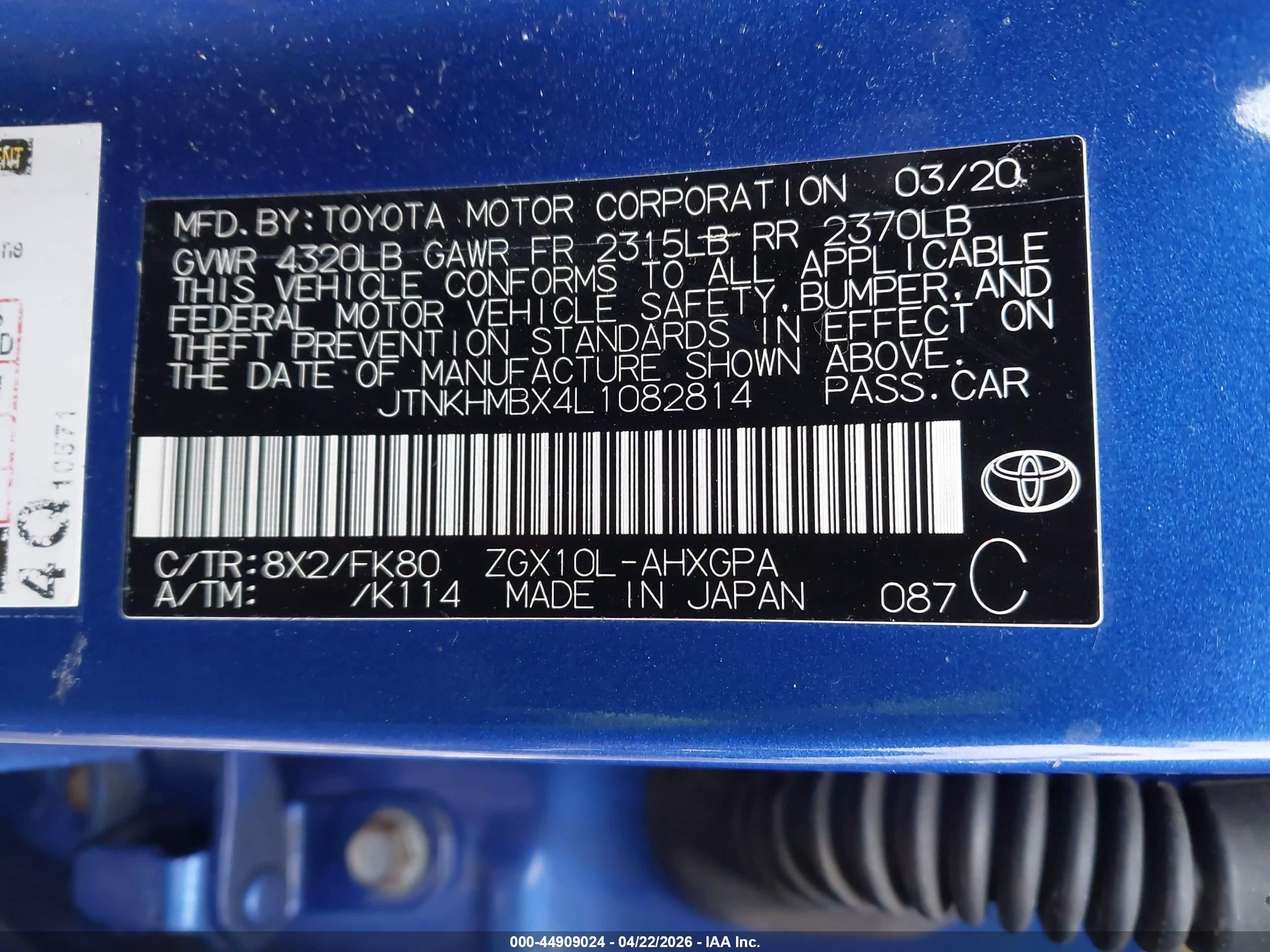 2020 Toyota C-hr Xle Blue vin: JTNKHMBX4L1082814