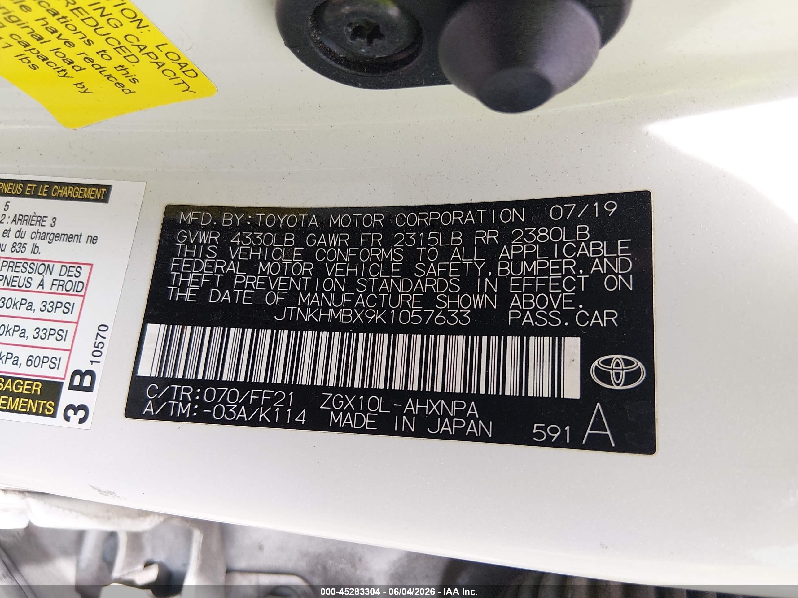 2019 Toyota C-hr Xle White vin: JTNKHMBX9K1057633