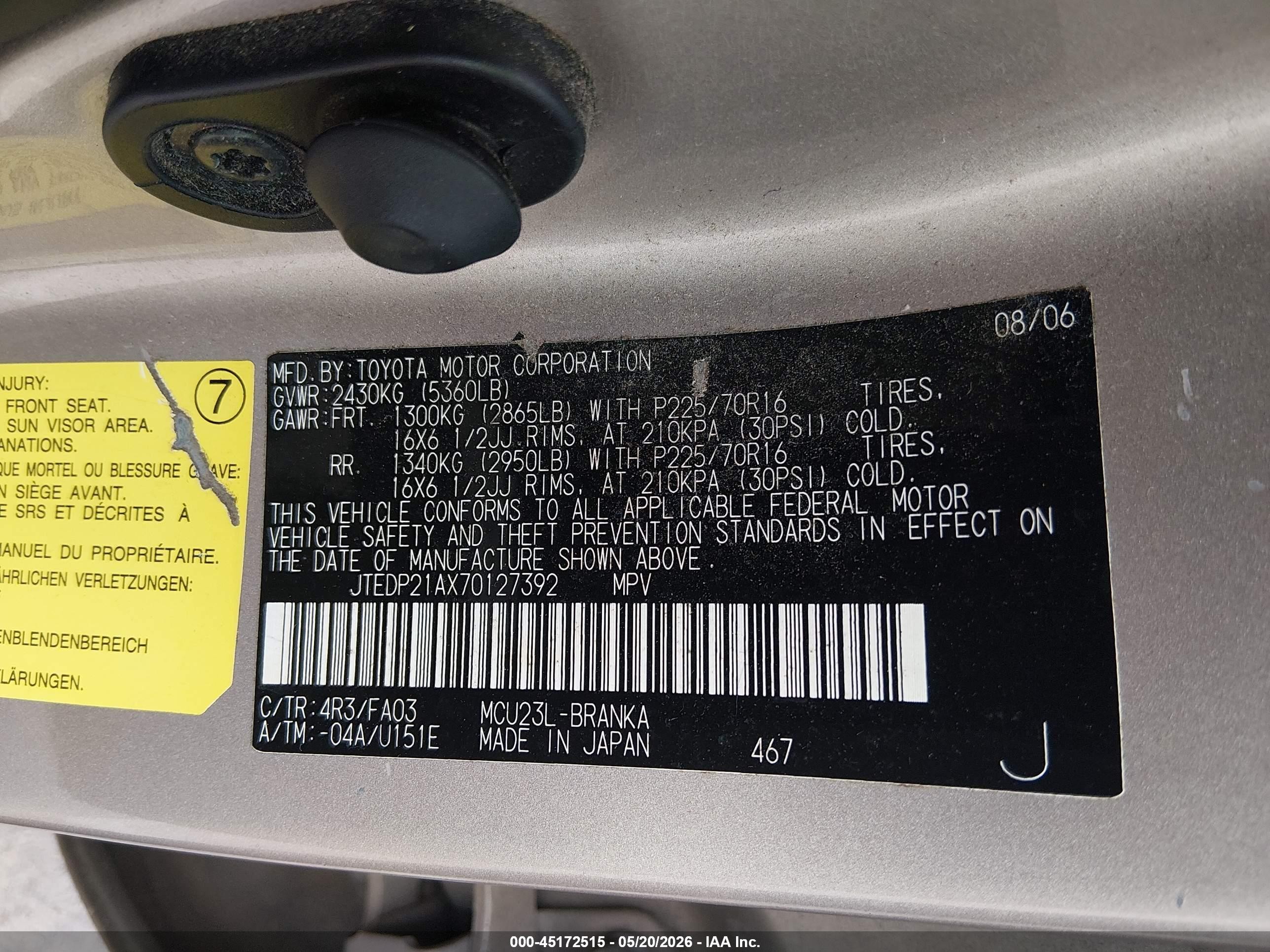 2007 Toyota Highlander V6 Gold vin: Jtedp21ax70127392