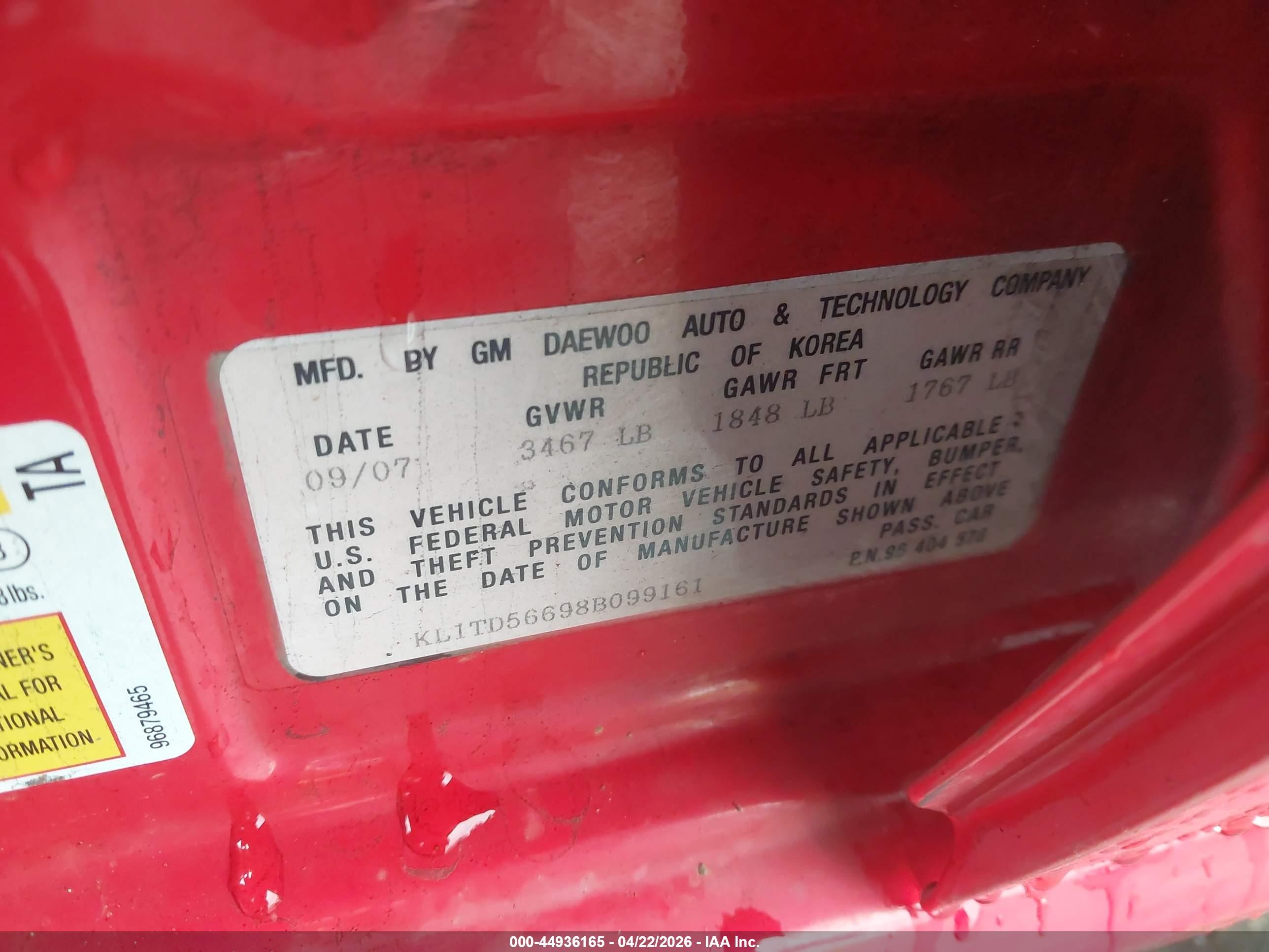 2008 Chevrolet Aveo Ls Red vin: KL1TD56698B099161