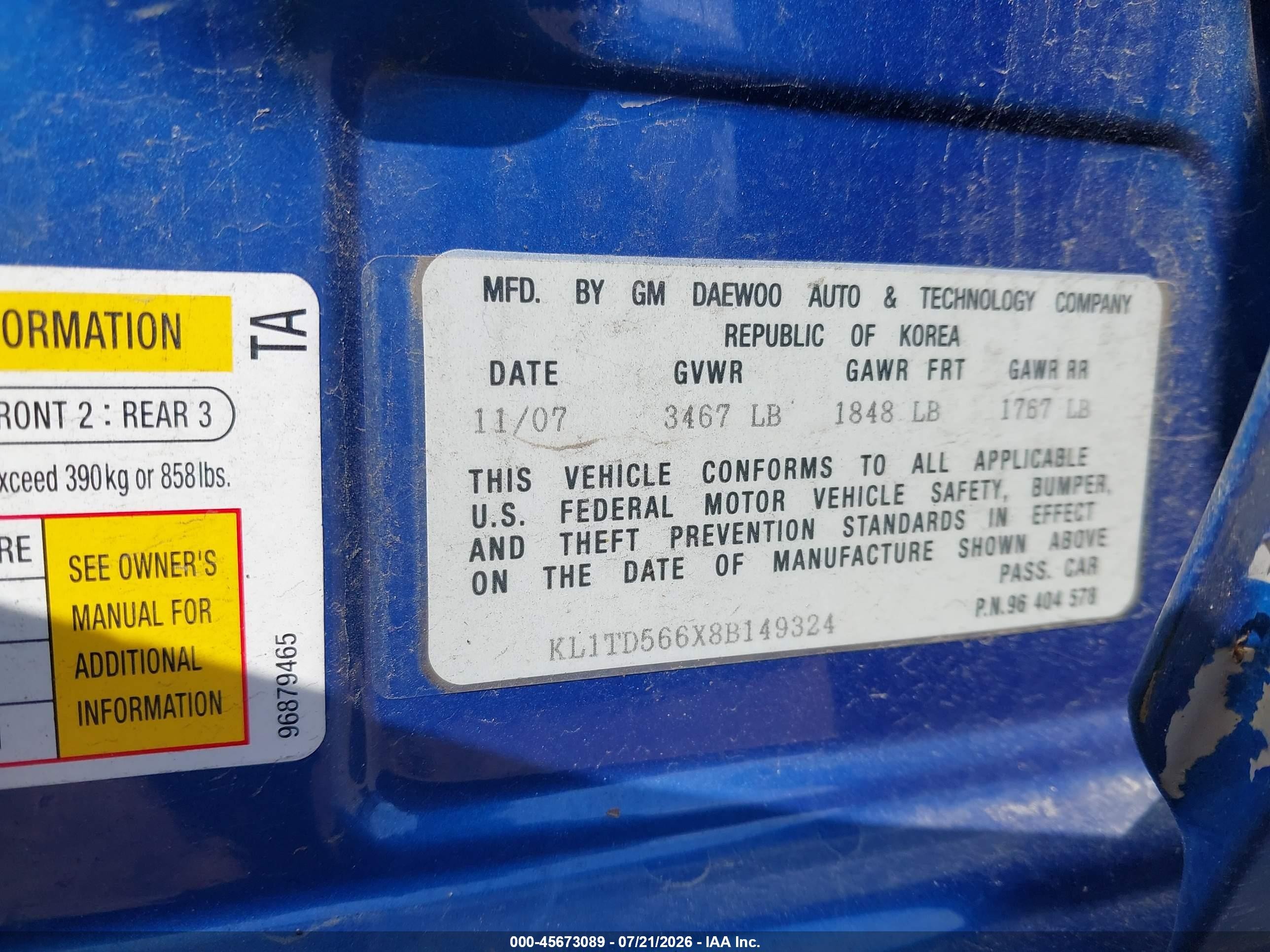 2008 Chevrolet Aveo Ls Blue vin: KL1TD566X8B149324