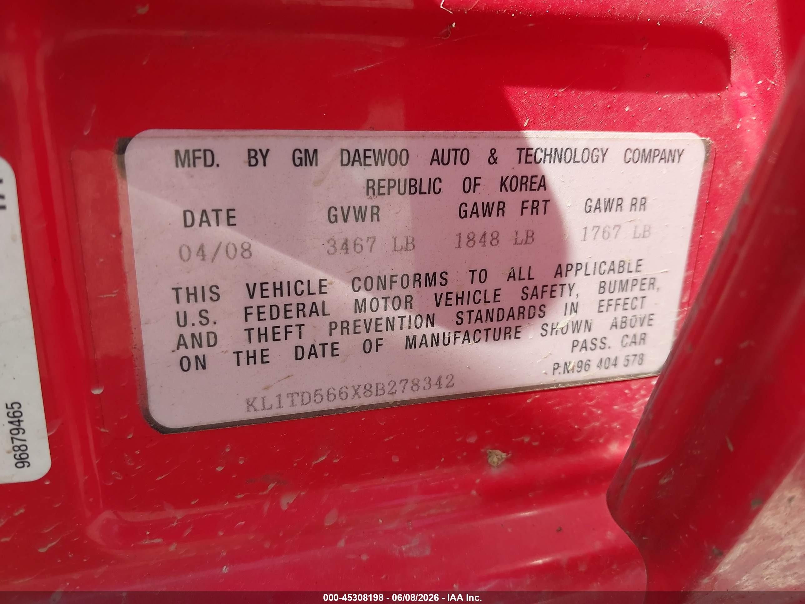 2008 Chevrolet Aveo Ls Red vin: KL1TD566X8B278342