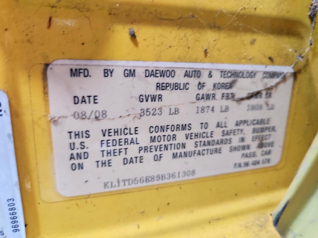 2009 Chevrolet Aveo Ls Yellow vin: KL1TD56E89B361308