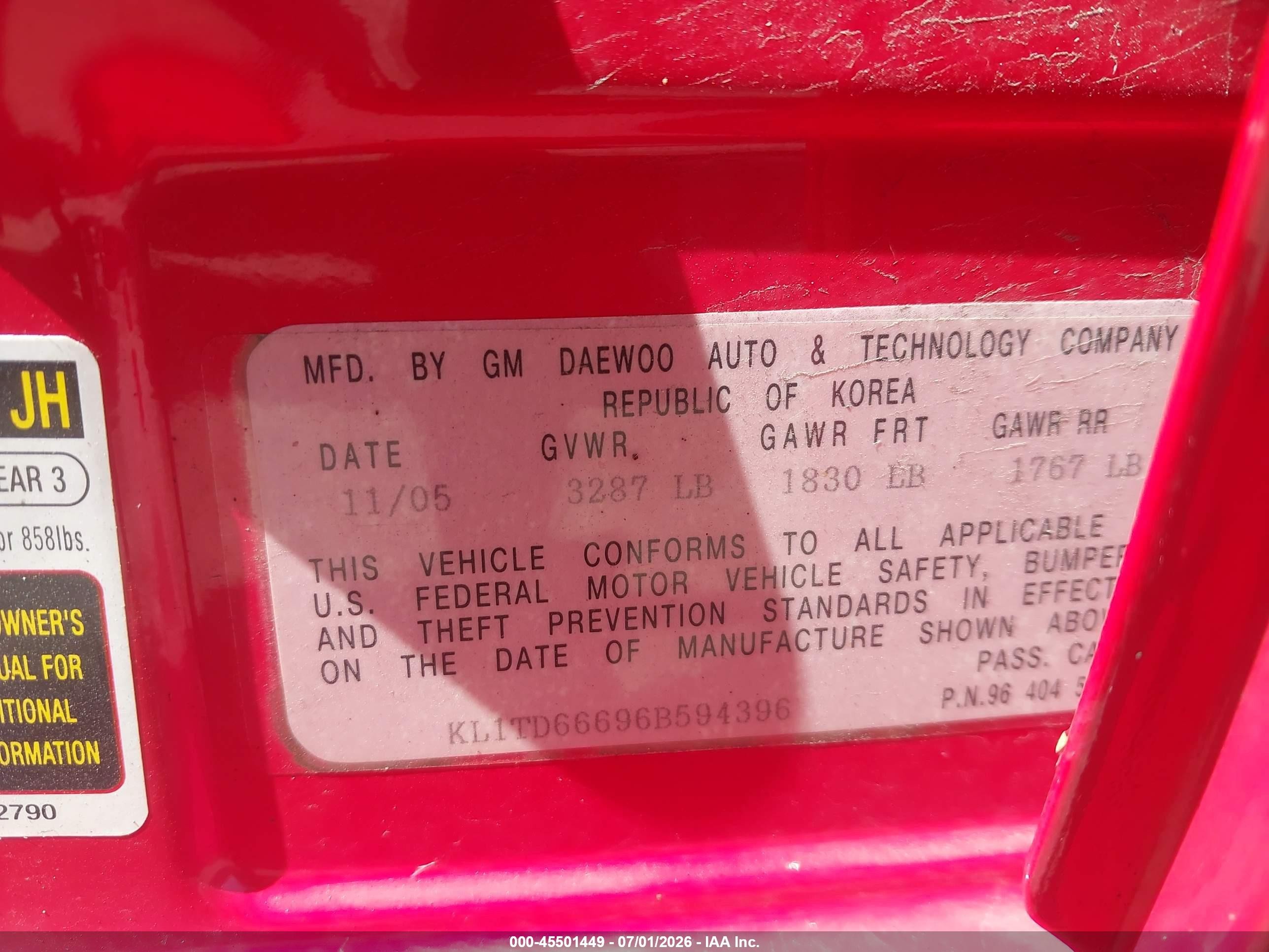 2006 Chevrolet Aveo Ls Red vin: KL1TD66696B594396