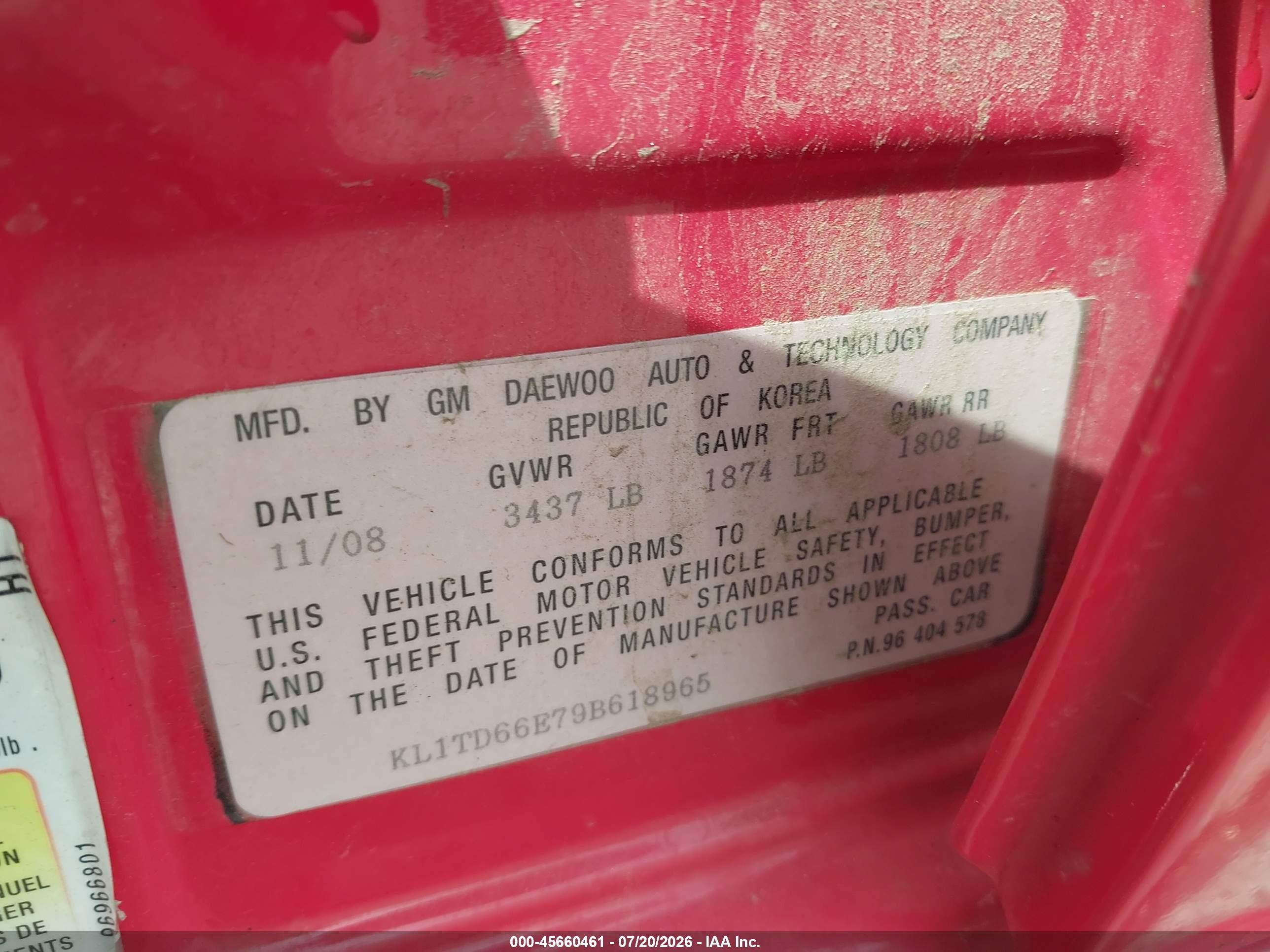 2009 Chevrolet Aveo Ls Red vin: KL1TD66E79B618965