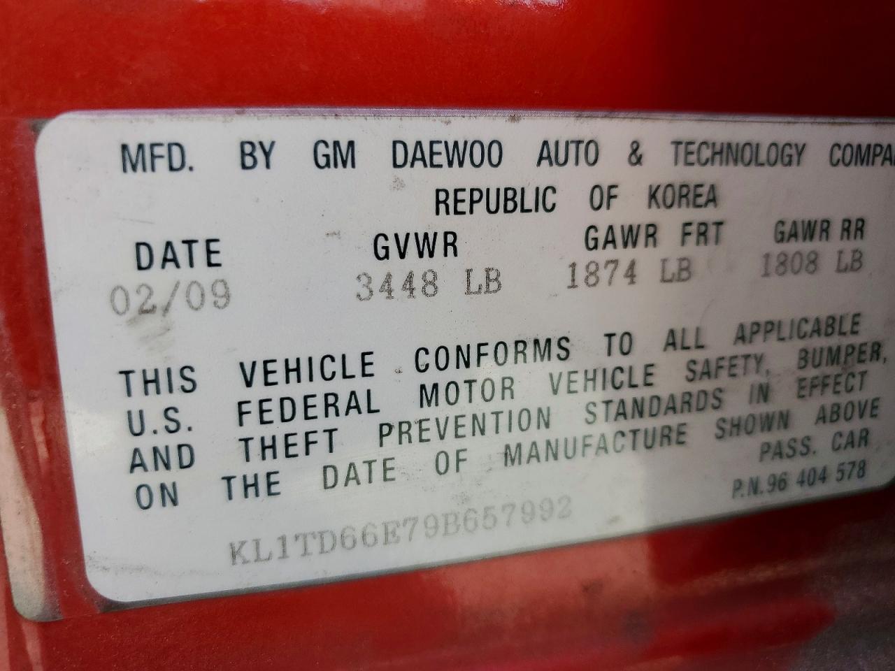 2009 Chevrolet Aveo Ls Red vin: KL1TD66E79B657992