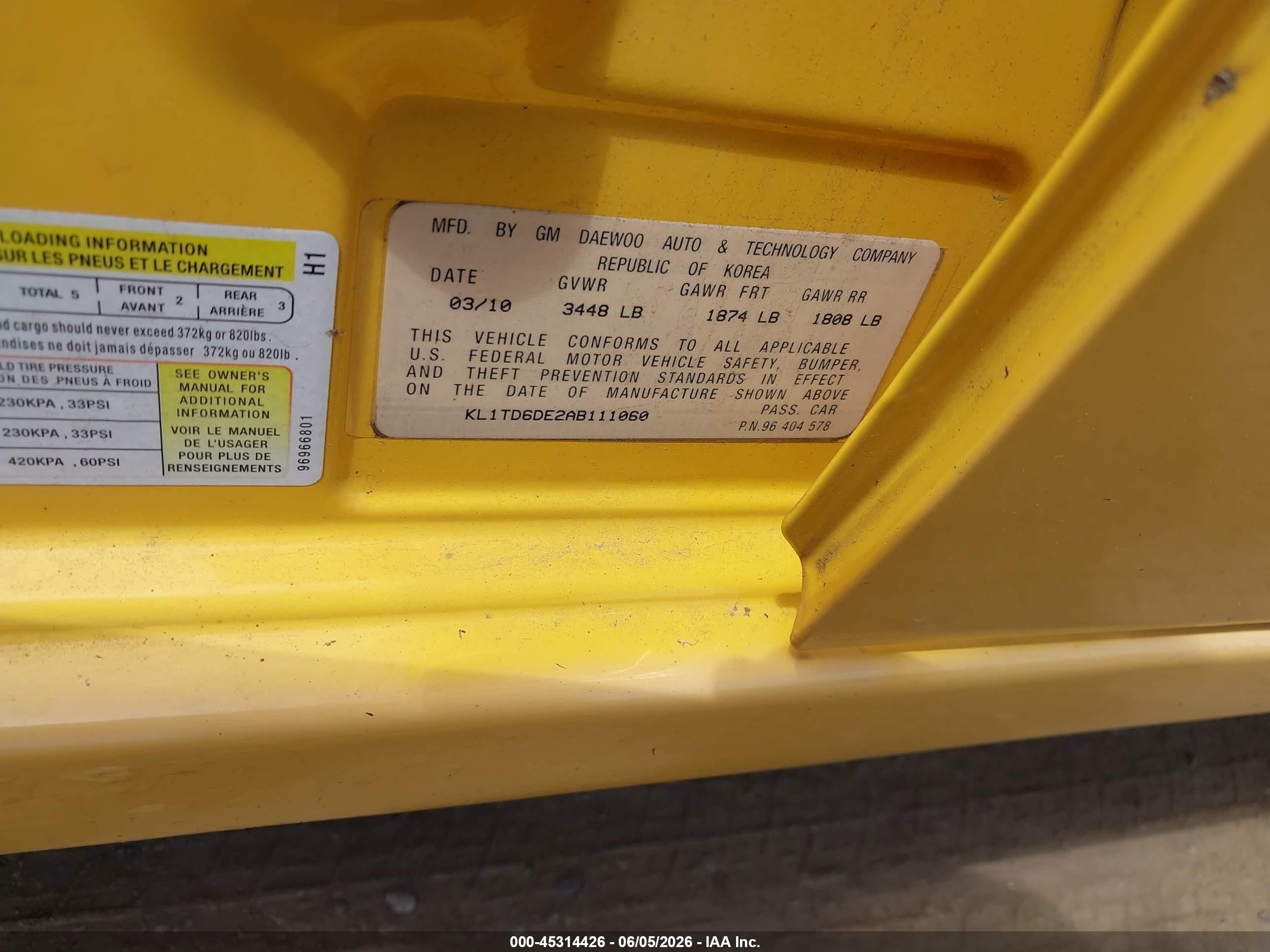 2010 Chevrolet Aveo Lt Yellow vin: KL1TD6DE2AB111060