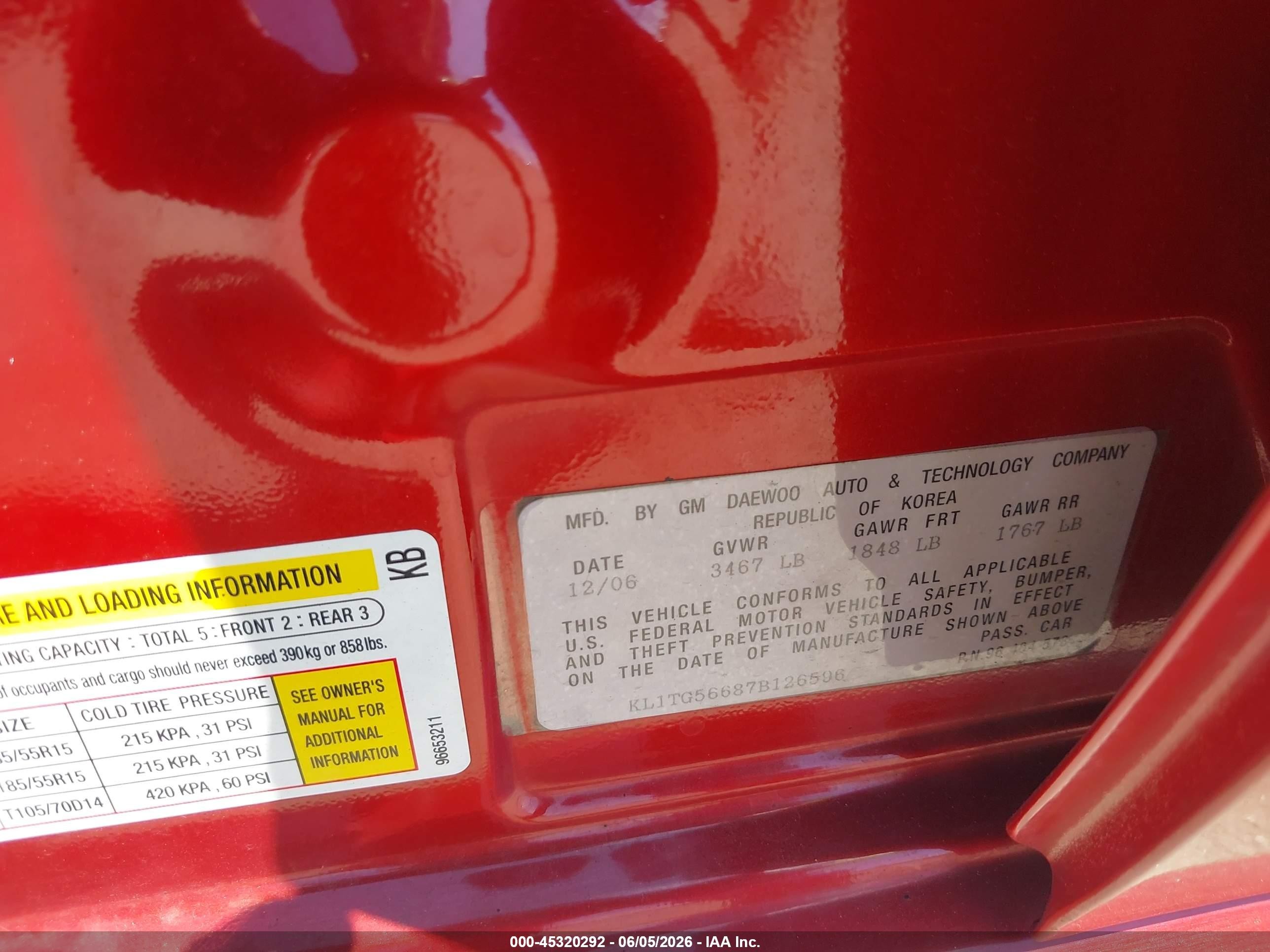 2007 Chevrolet Aveo Lt Red vin: KL1TG56687B126596