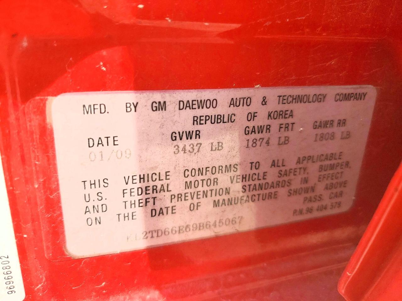 2009 Pontiac G3 Red vin: KL2TD66E69B645067