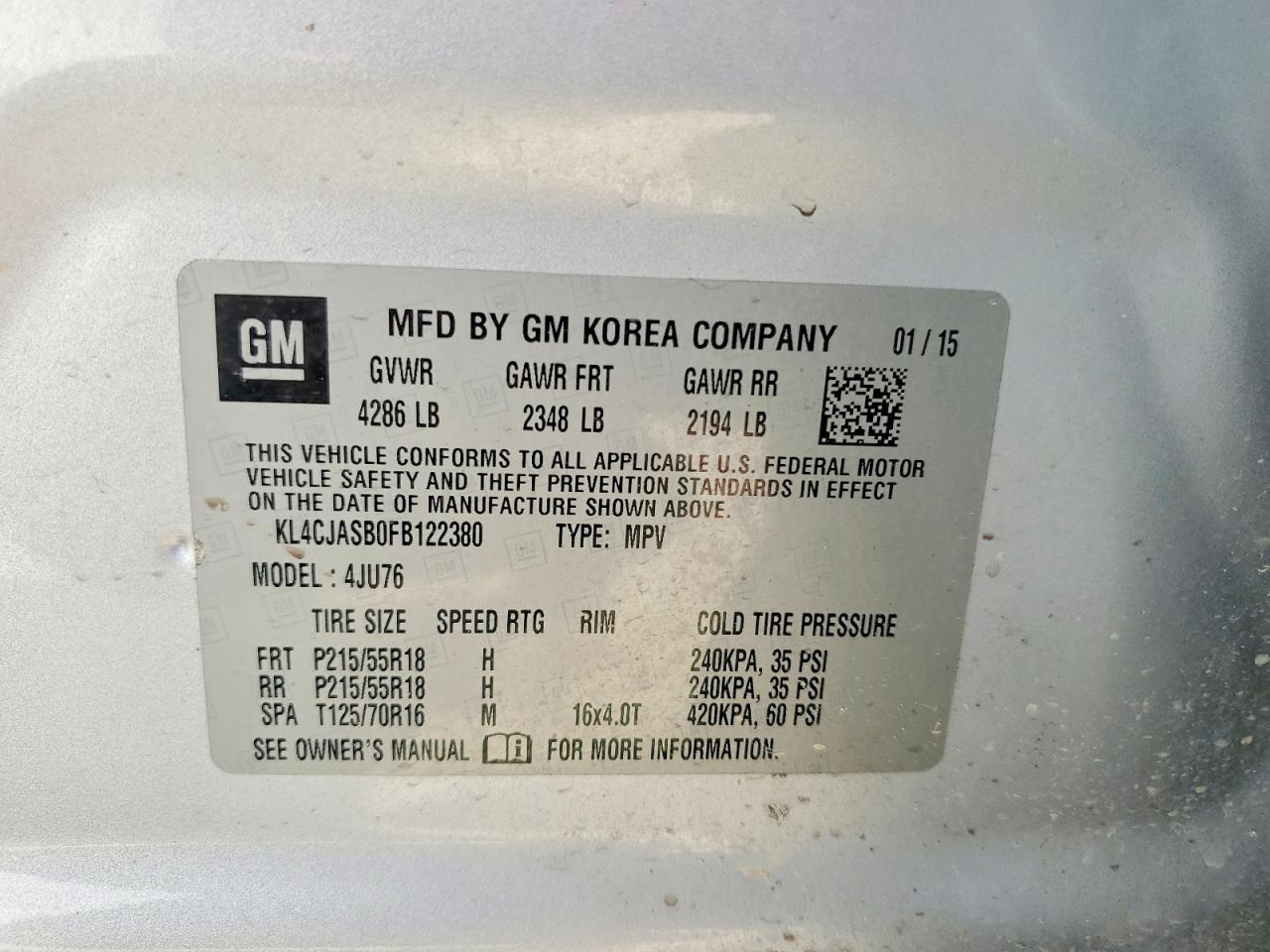 2015 Buick Encore Silver vin: KL4CJASB0FB122380