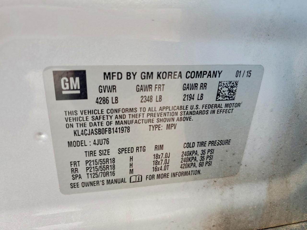 2015 Buick Encore Серебряный vin: KL4CJASB0FB141978