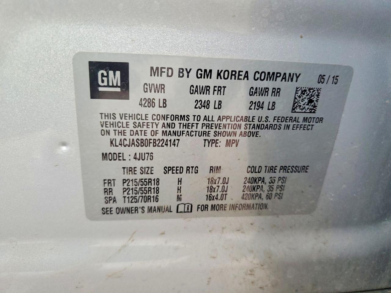 2015 Buick Encore Silver vin: KL4CJASB0FB224147