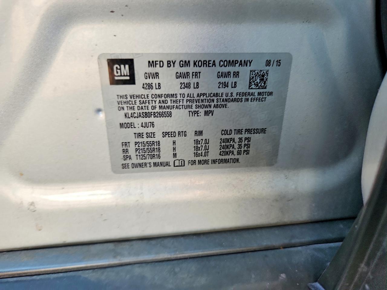 2015 Buick Encore Silver vin: KL4CJASB0FB266558