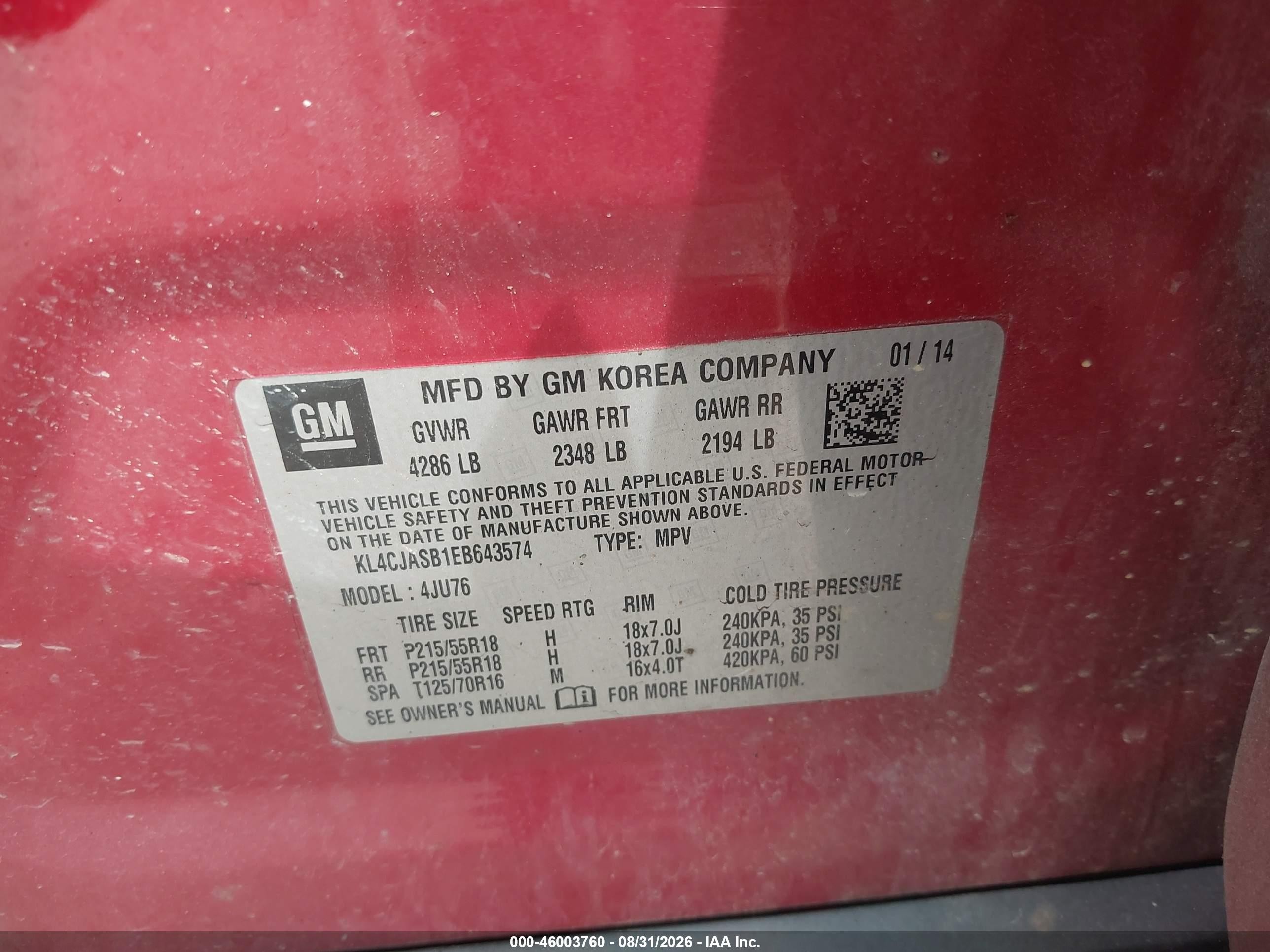 2014 Buick Encore   Red vin: KL4CJASB1EB643574