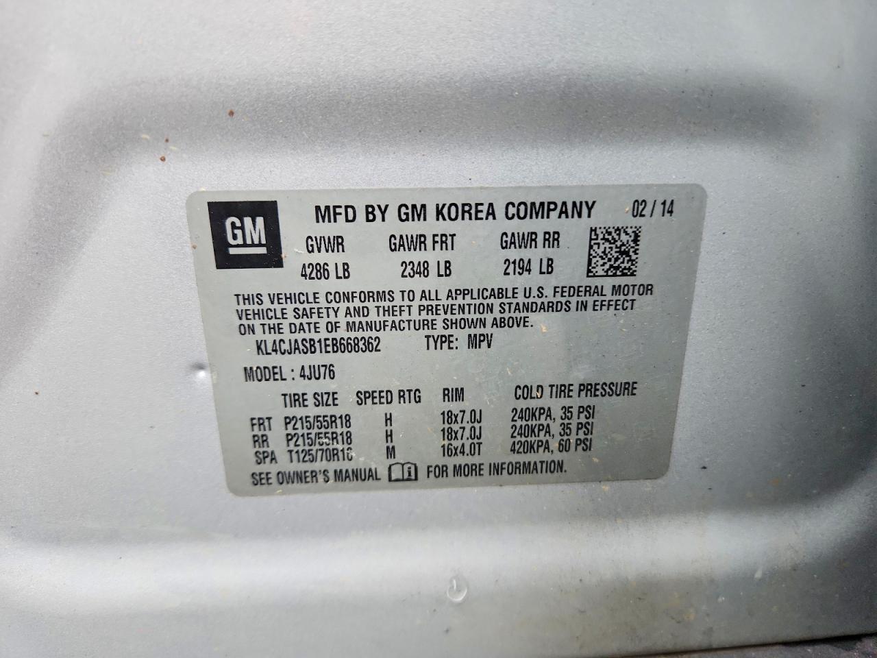 2014 Buick Encore Серебряный vin: KL4CJASB1EB668362