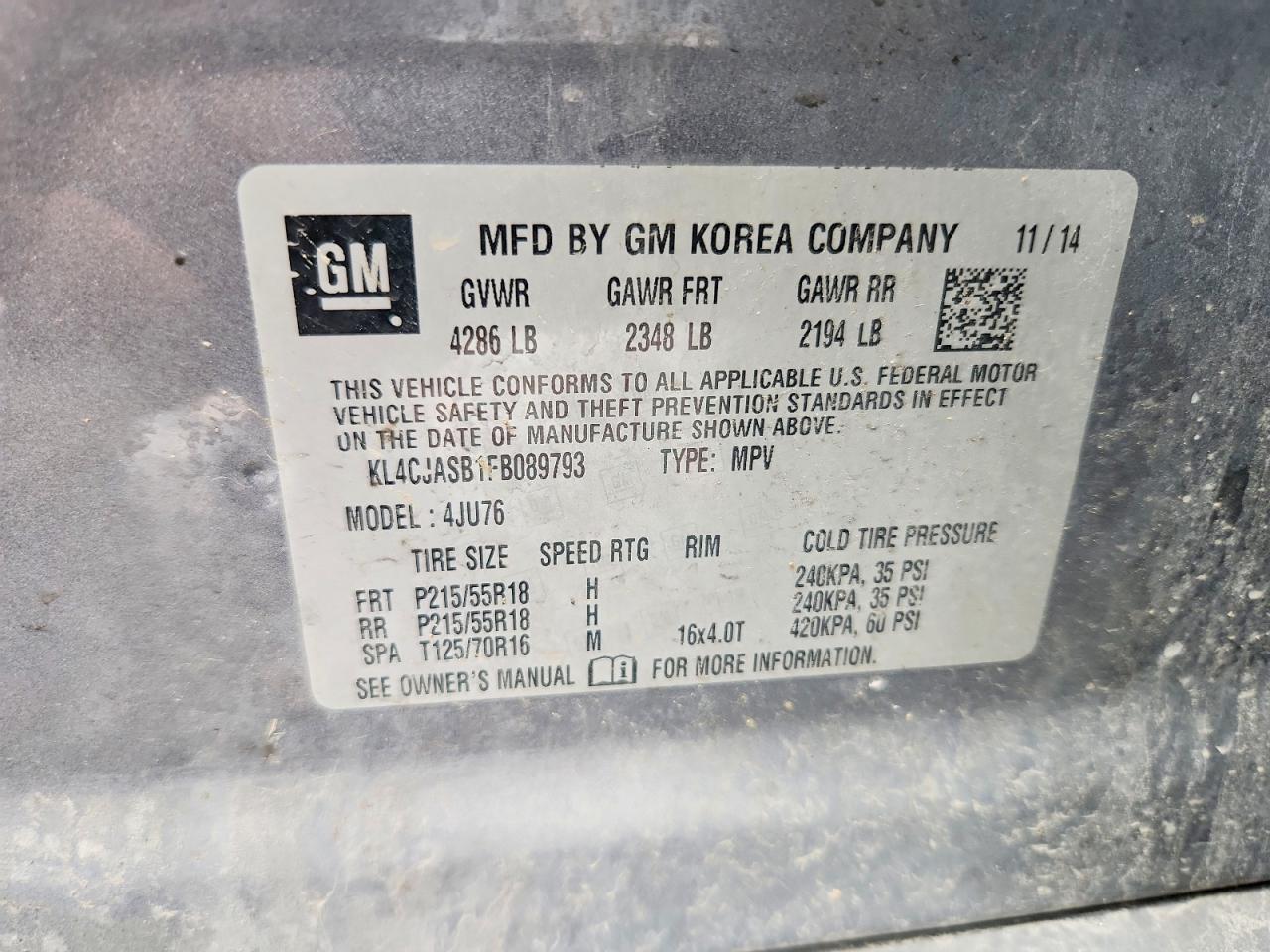 2015 Buick Encore Silver vin: KL4CJASB1FB089793