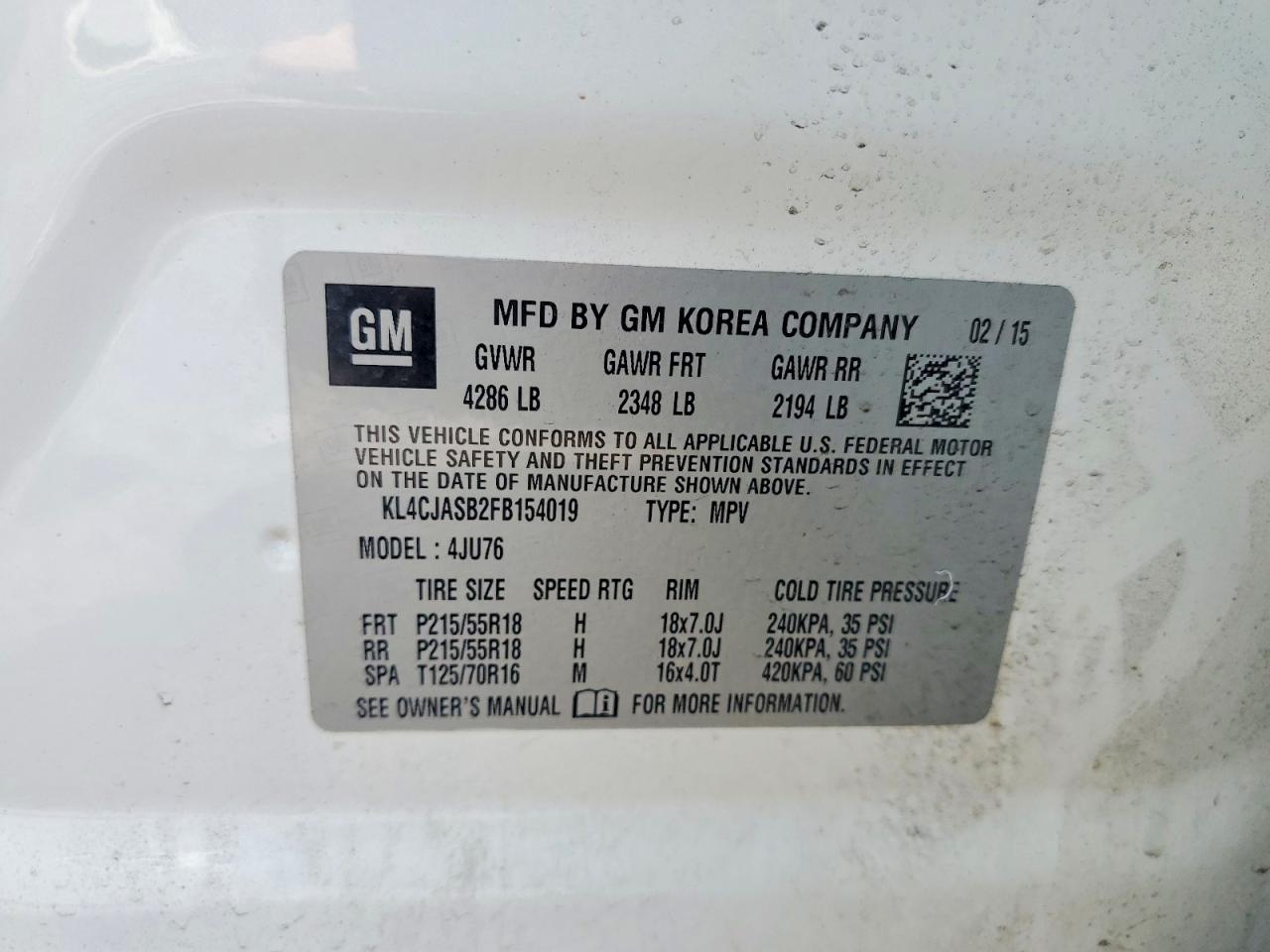 2015 Buick Encore White vin: KL4CJASB2FB154019