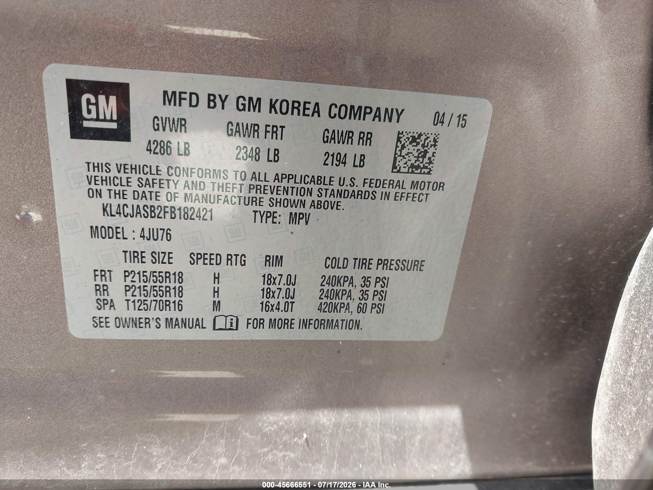 2015 Buick Encore   Brown vin: KL4CJASB2FB182421