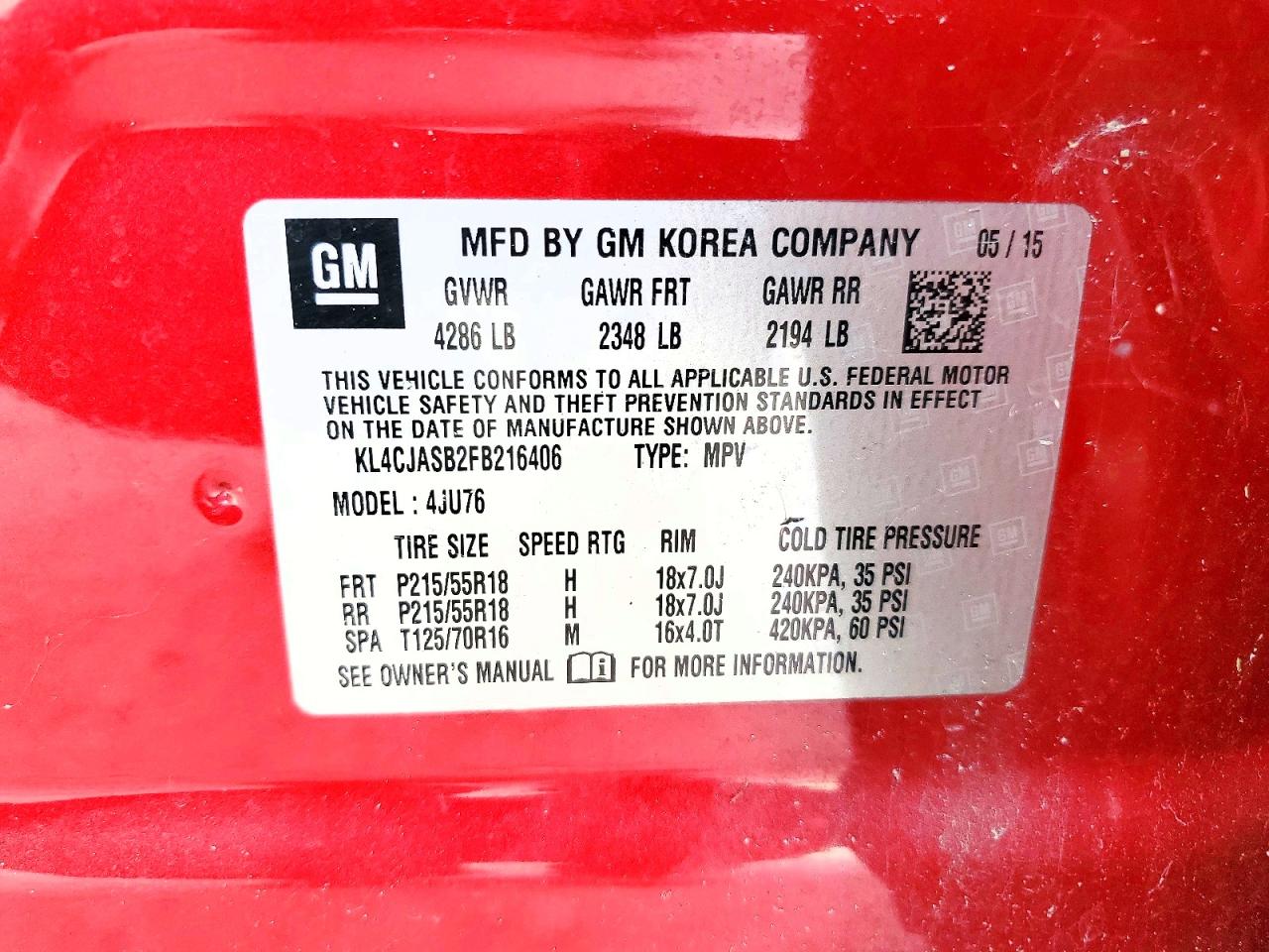 2015 Buick Encore Красный vin: KL4CJASB2FB216406