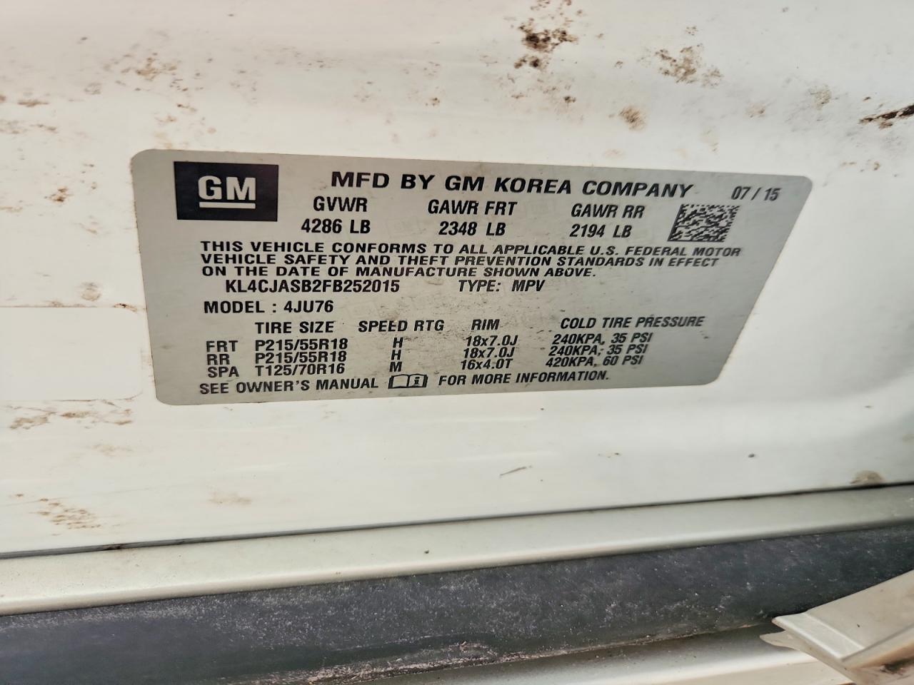 2015 Buick Encore White vin: KL4CJASB2FB252015