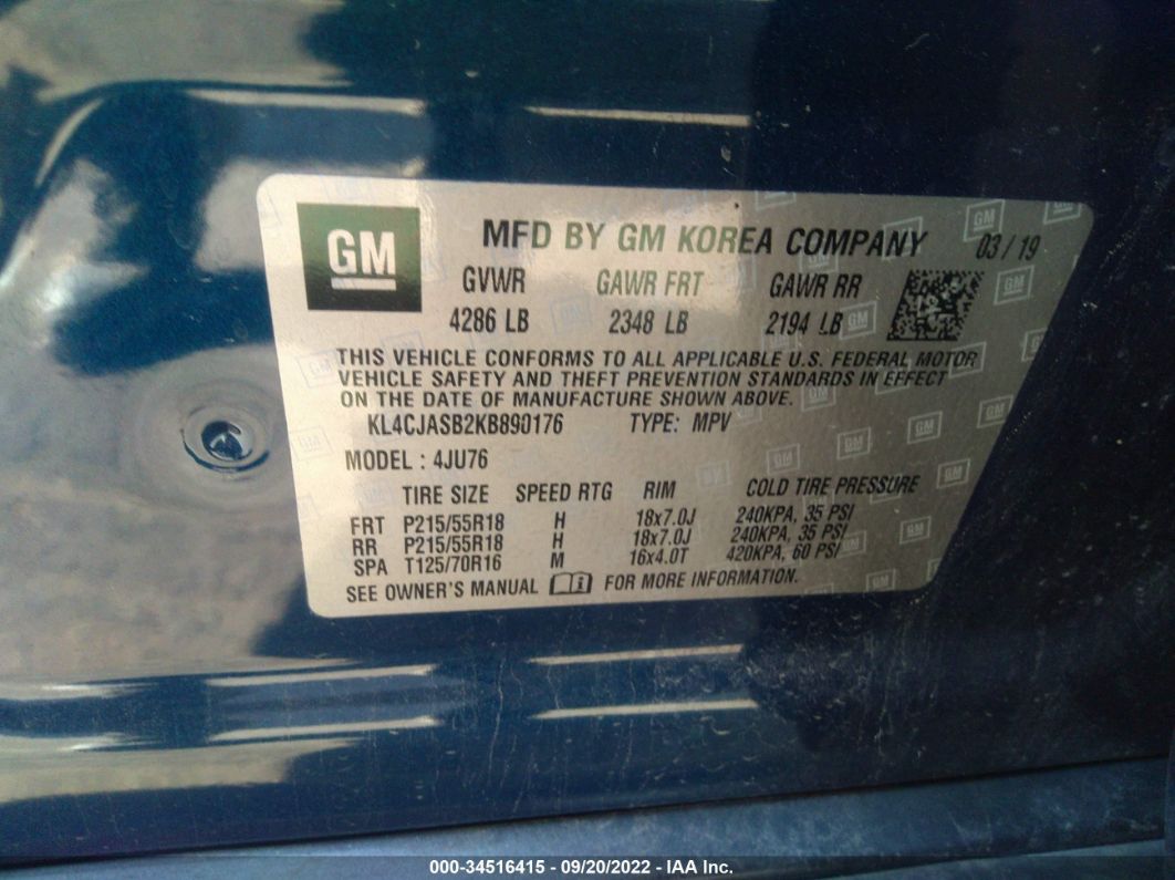 2019 Buick Encore Preferred Синий vin: KL4CJASB2KB890176