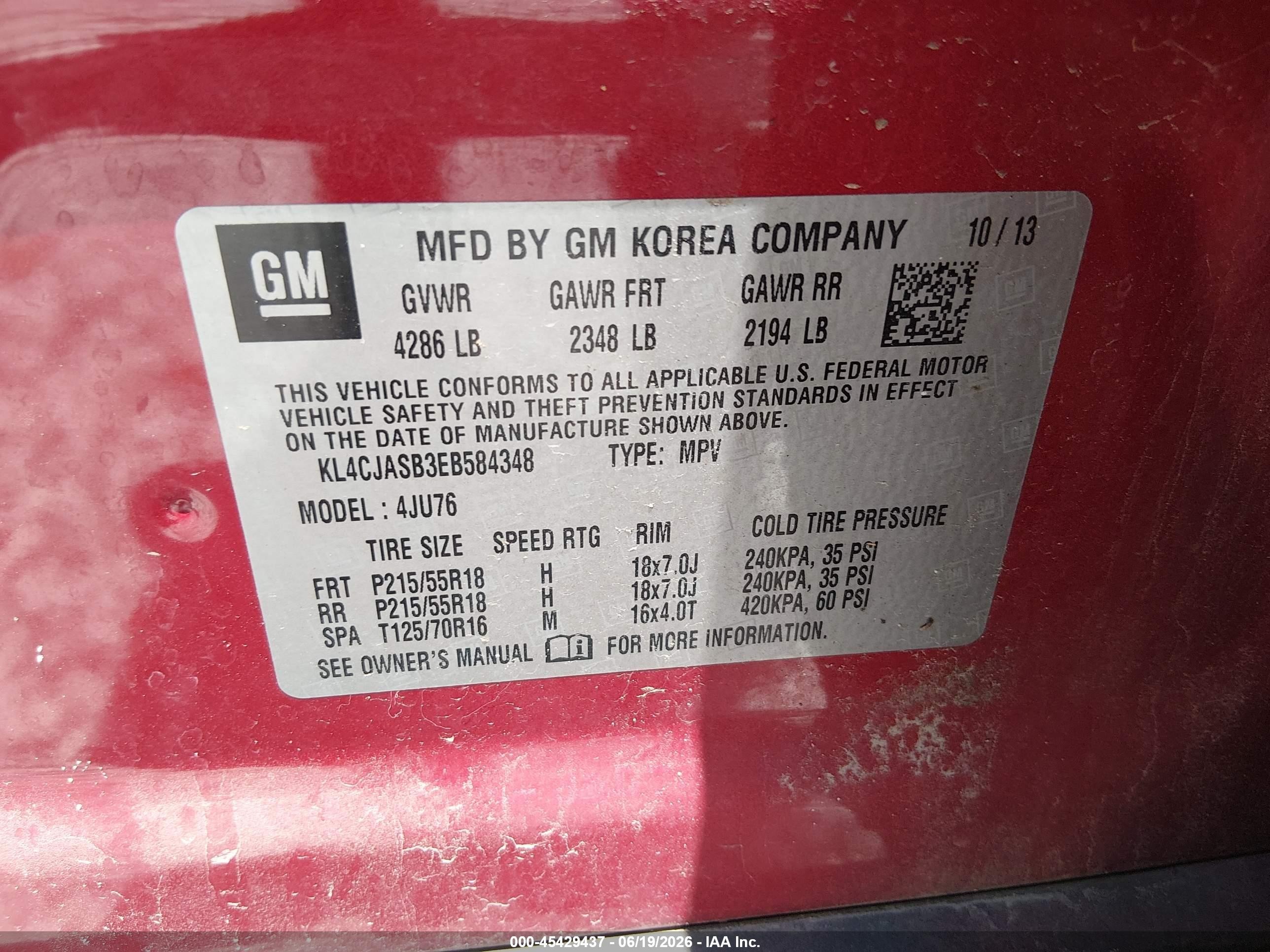 2014 Buick Encore   Red vin: KL4CJASB3EB584348