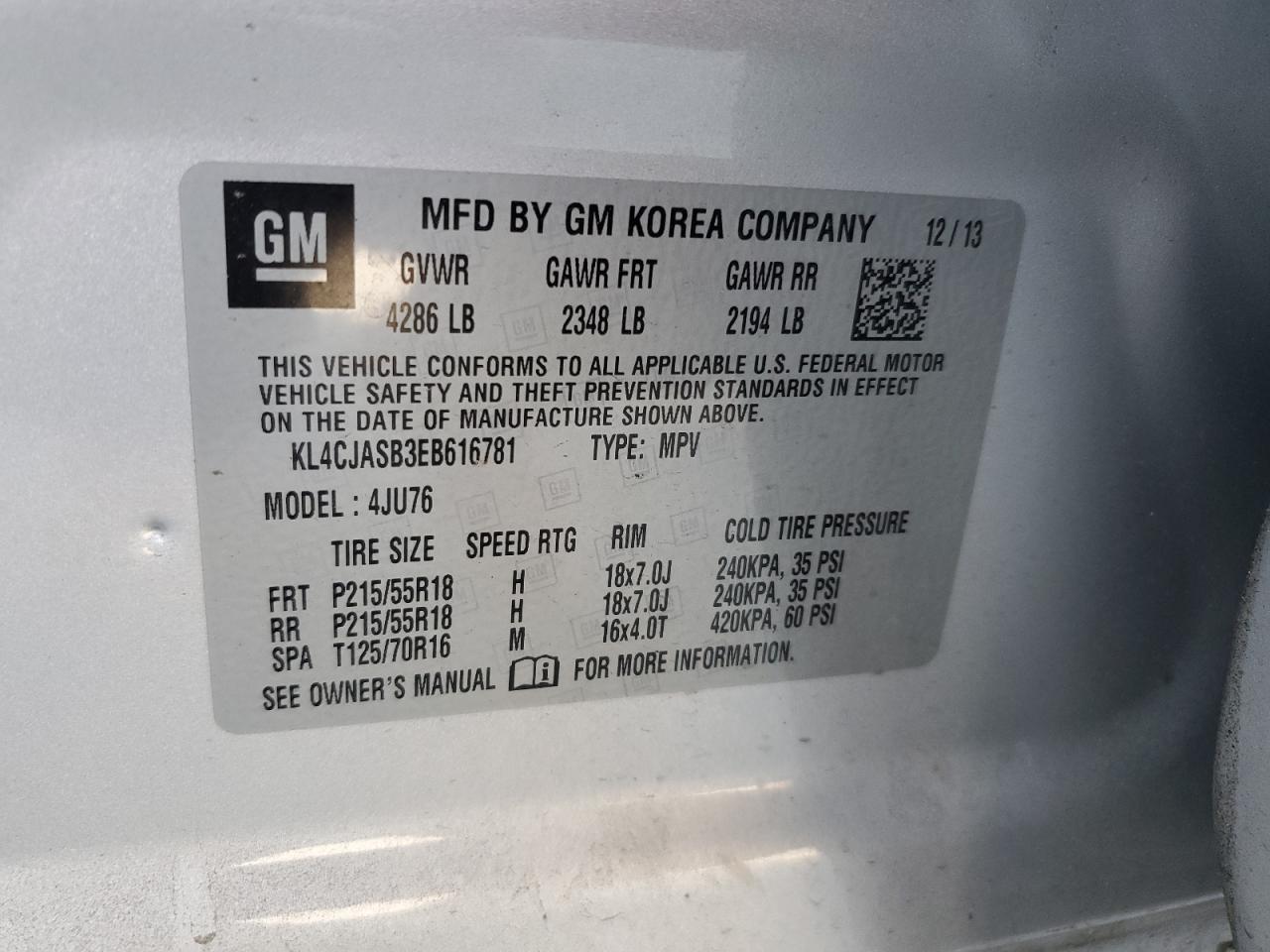 2014 Buick Encore Silver vin: KL4CJASB3EB616781