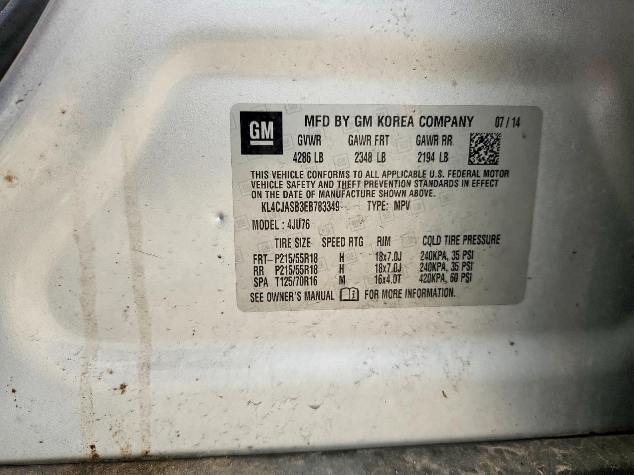 2014 Buick Encore Silver vin: KL4CJASB3EB783349