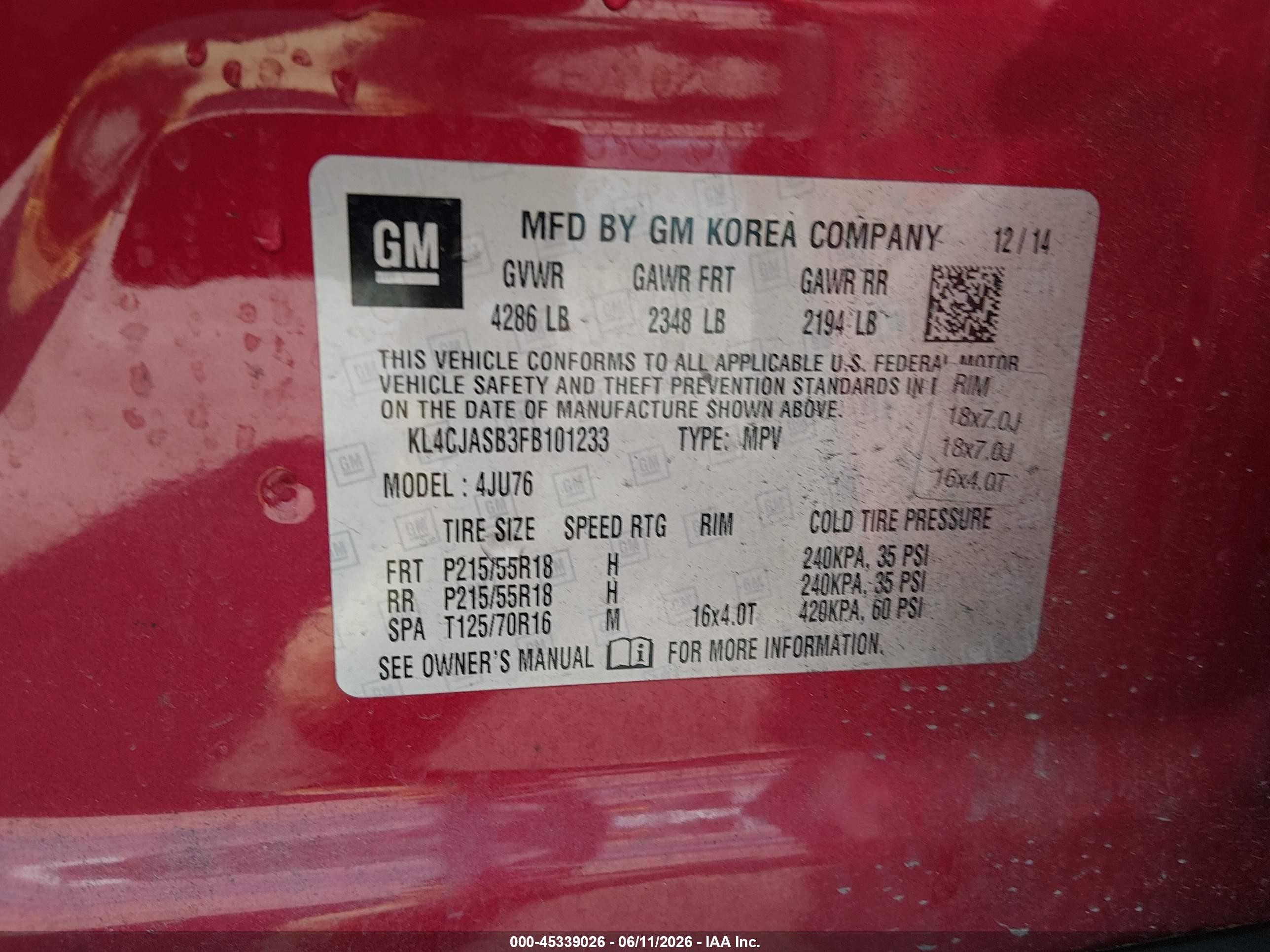 2015 Buick Encore   Красный vin: KL4CJASB3FB101233