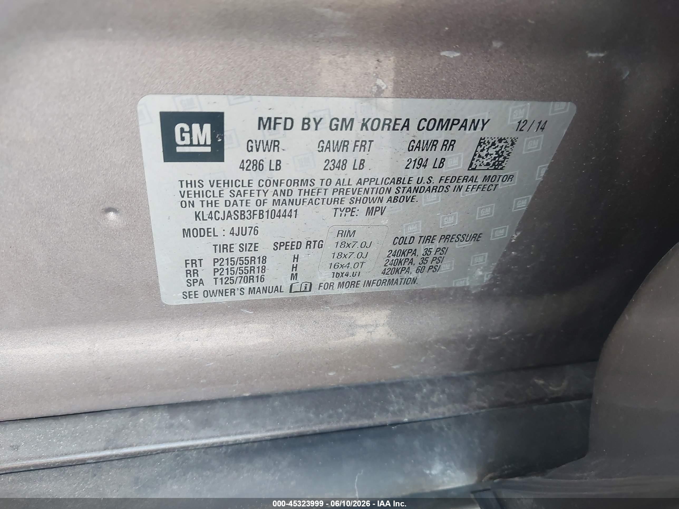 2015 Buick Encore   Серый vin: KL4CJASB3FB104441