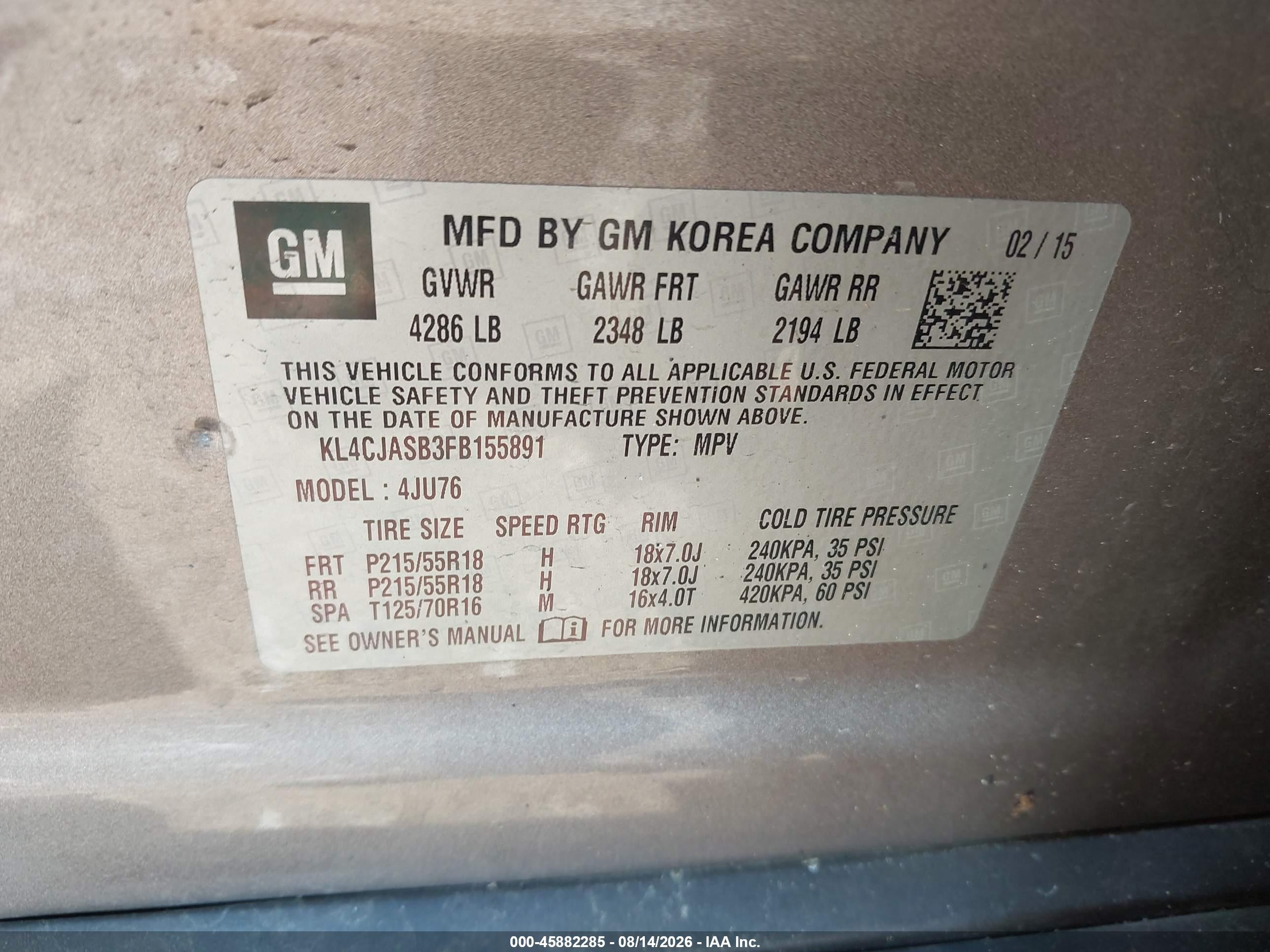2015 Buick Encore   Brown vin: KL4CJASB3FB155891