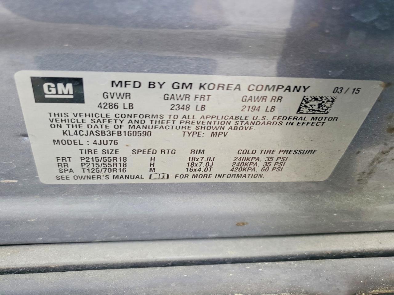 2015 Buick Encore Gray vin: KL4CJASB3FB160590