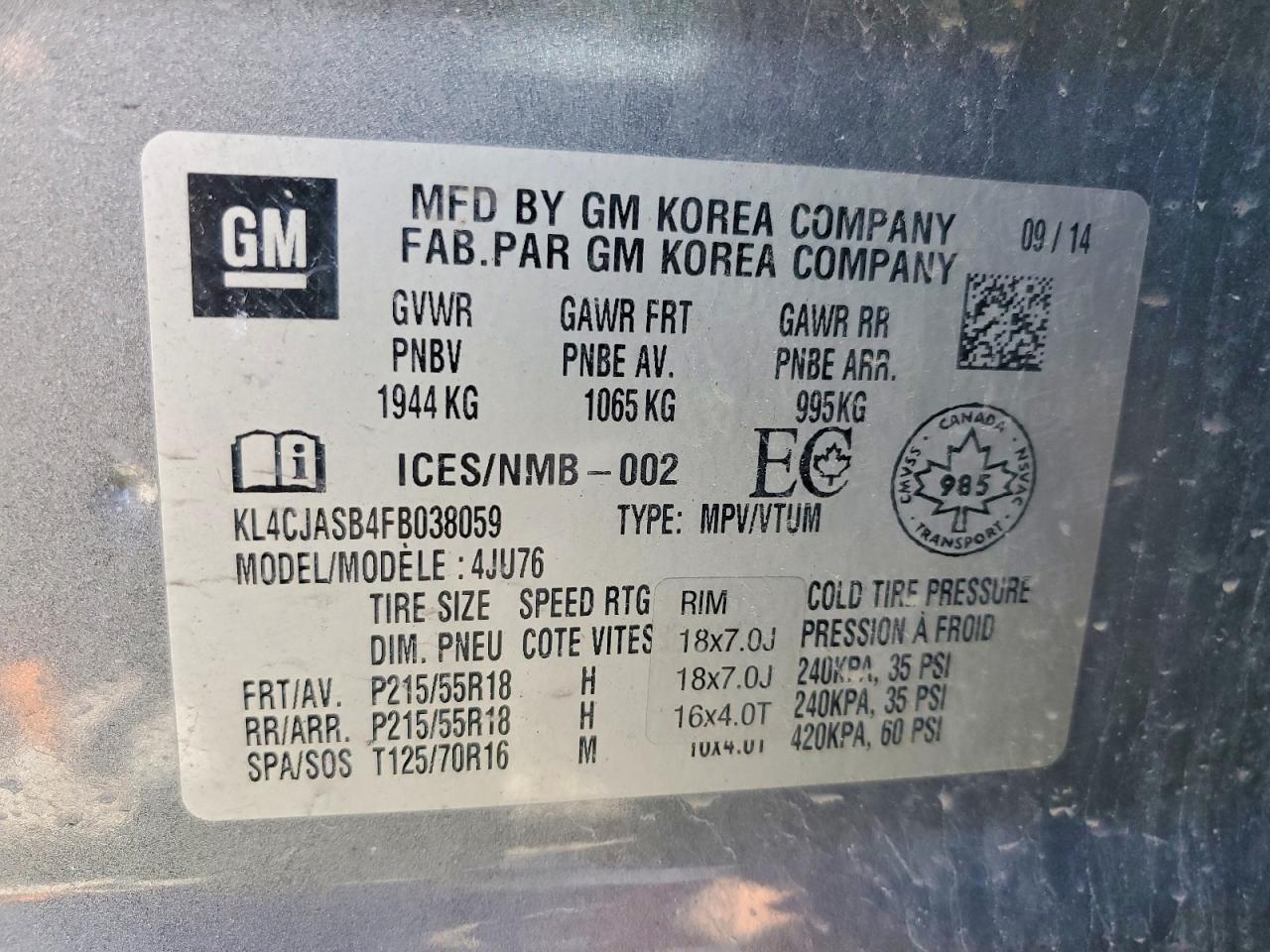 2015 Buick Encore Gray vin: KL4CJASB4FB038059