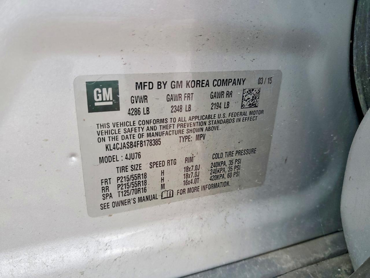 2015 Buick Encore Silver vin: KL4CJASB4FB178385
