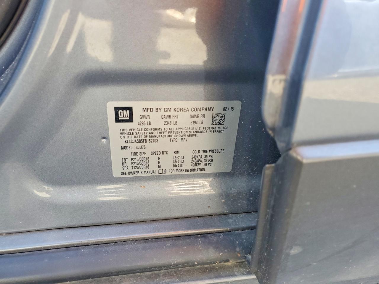 2015 Buick Encore Gray vin: KL4CJASB5FB152703