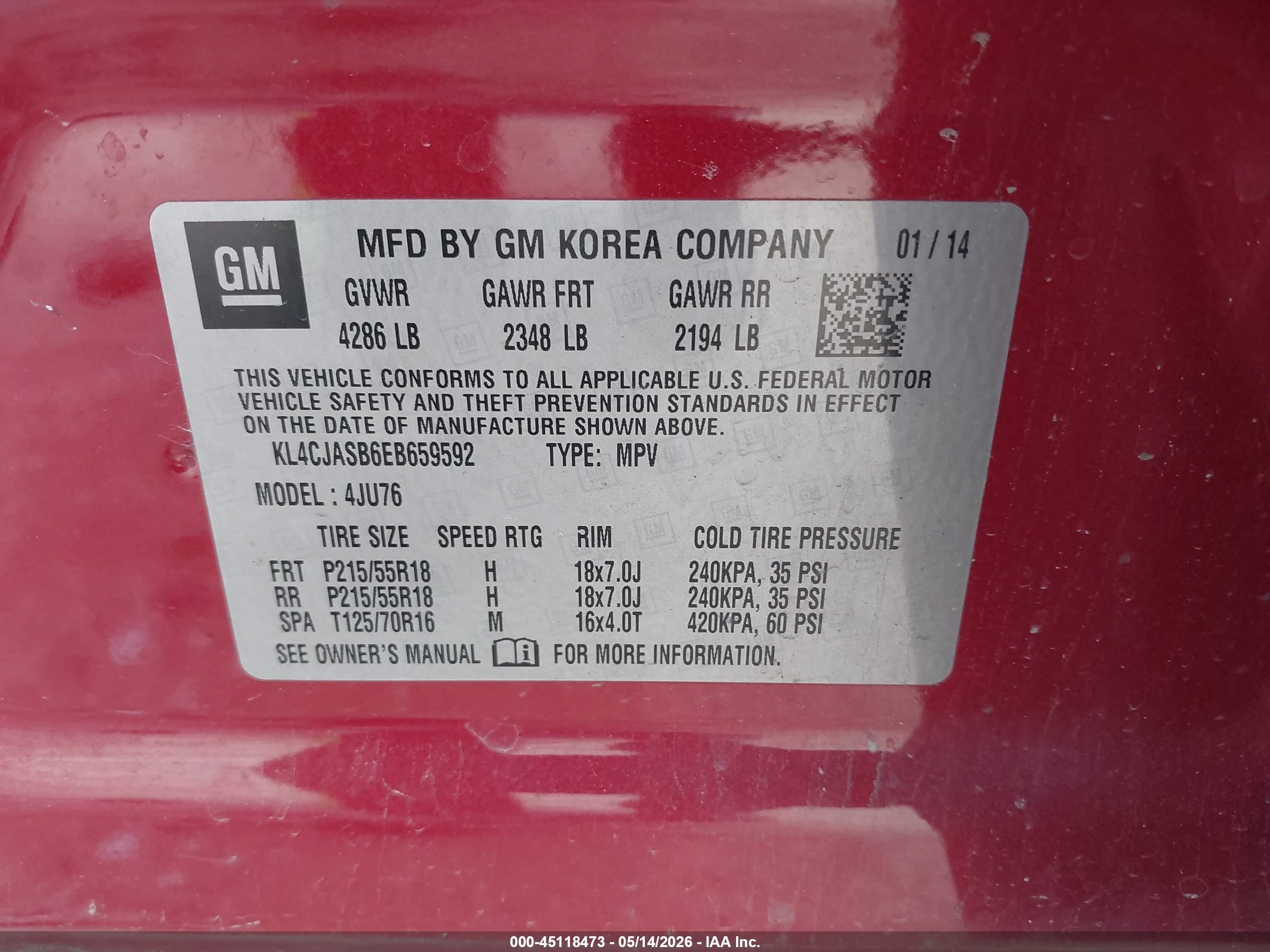 2014 Buick Encore   Red vin: KL4CJASB6EB659592
