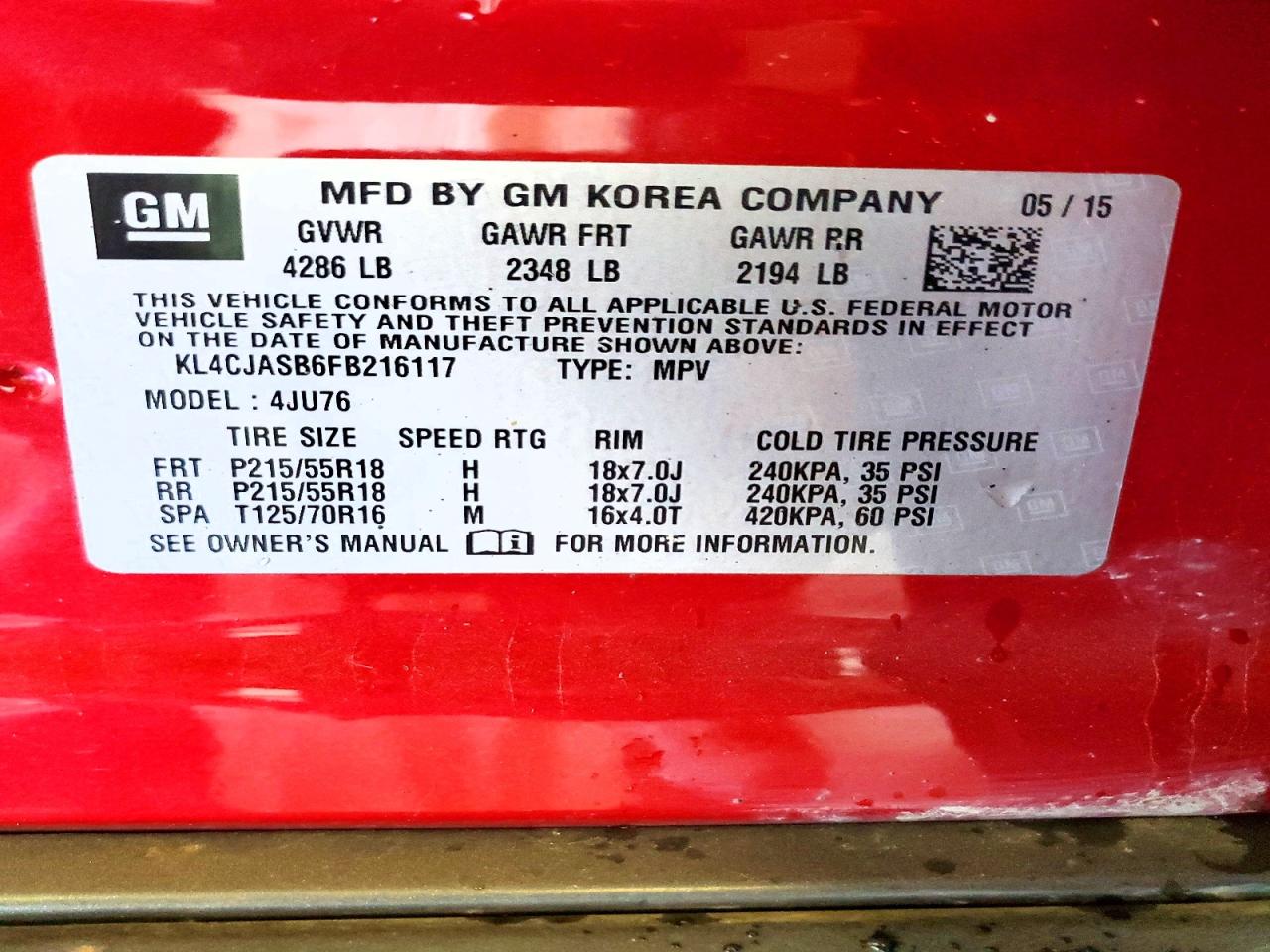2015 Buick Encore Red vin: KL4CJASB6FB216117