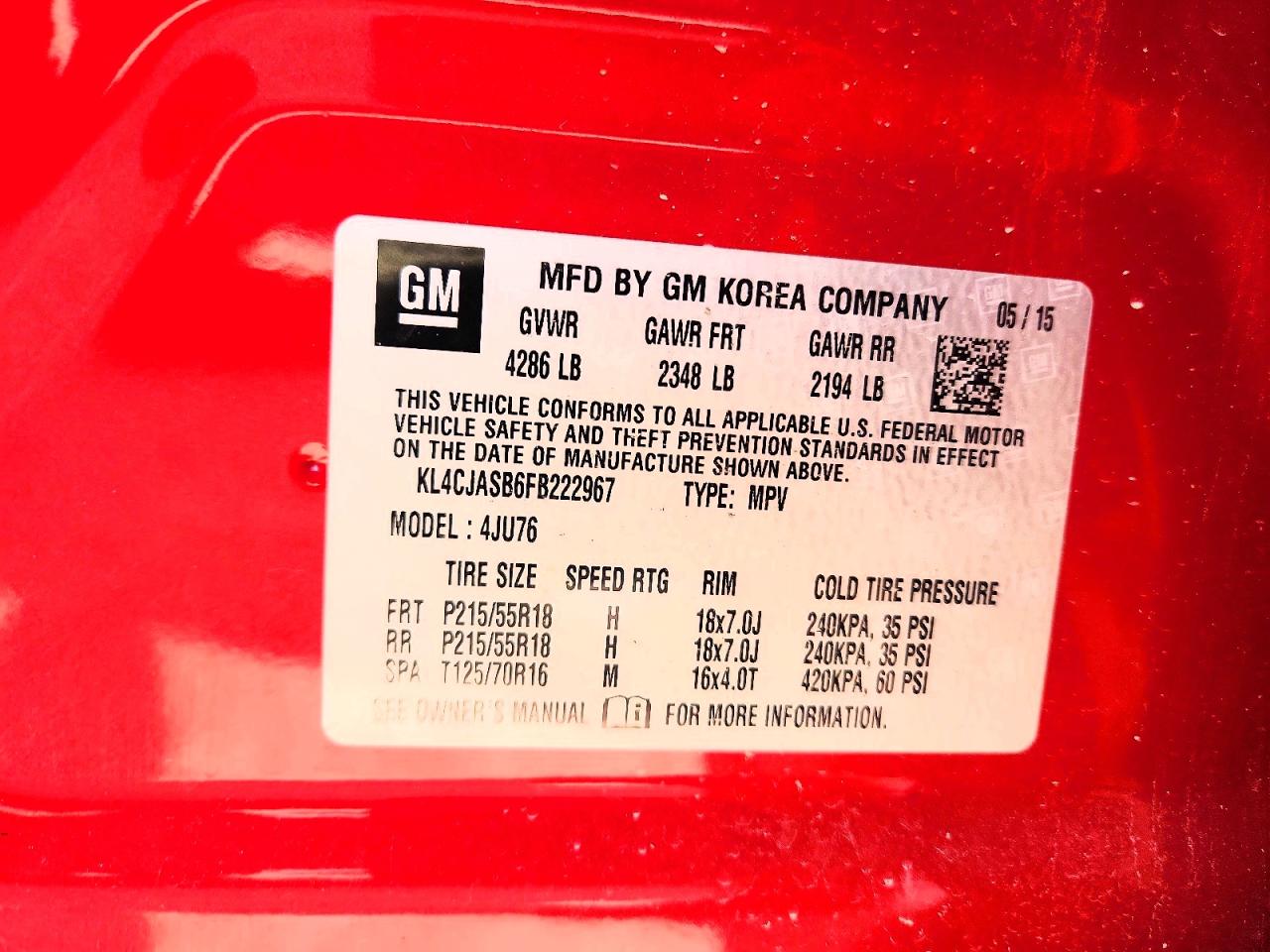 2015 Buick Encore Red vin: KL4CJASB6FB222967