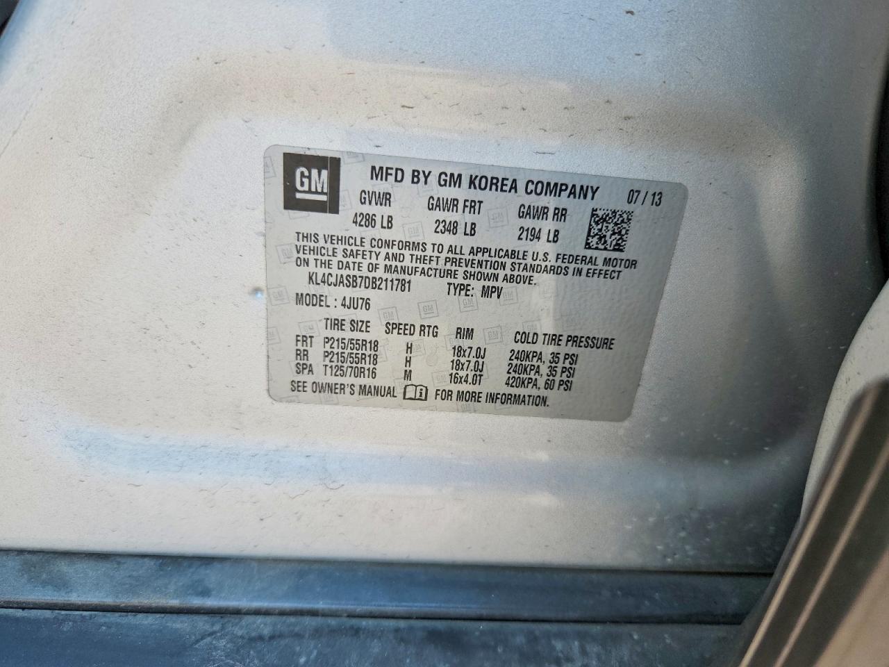 2013 Buick Encore Silver vin: KL4CJASB7DB211781