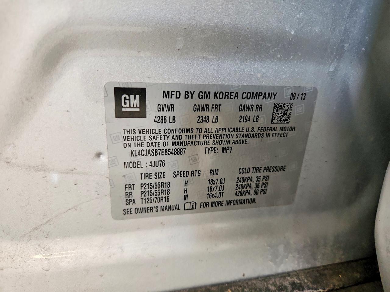 2014 Buick Encore Silver vin: KL4CJASB7EB548887