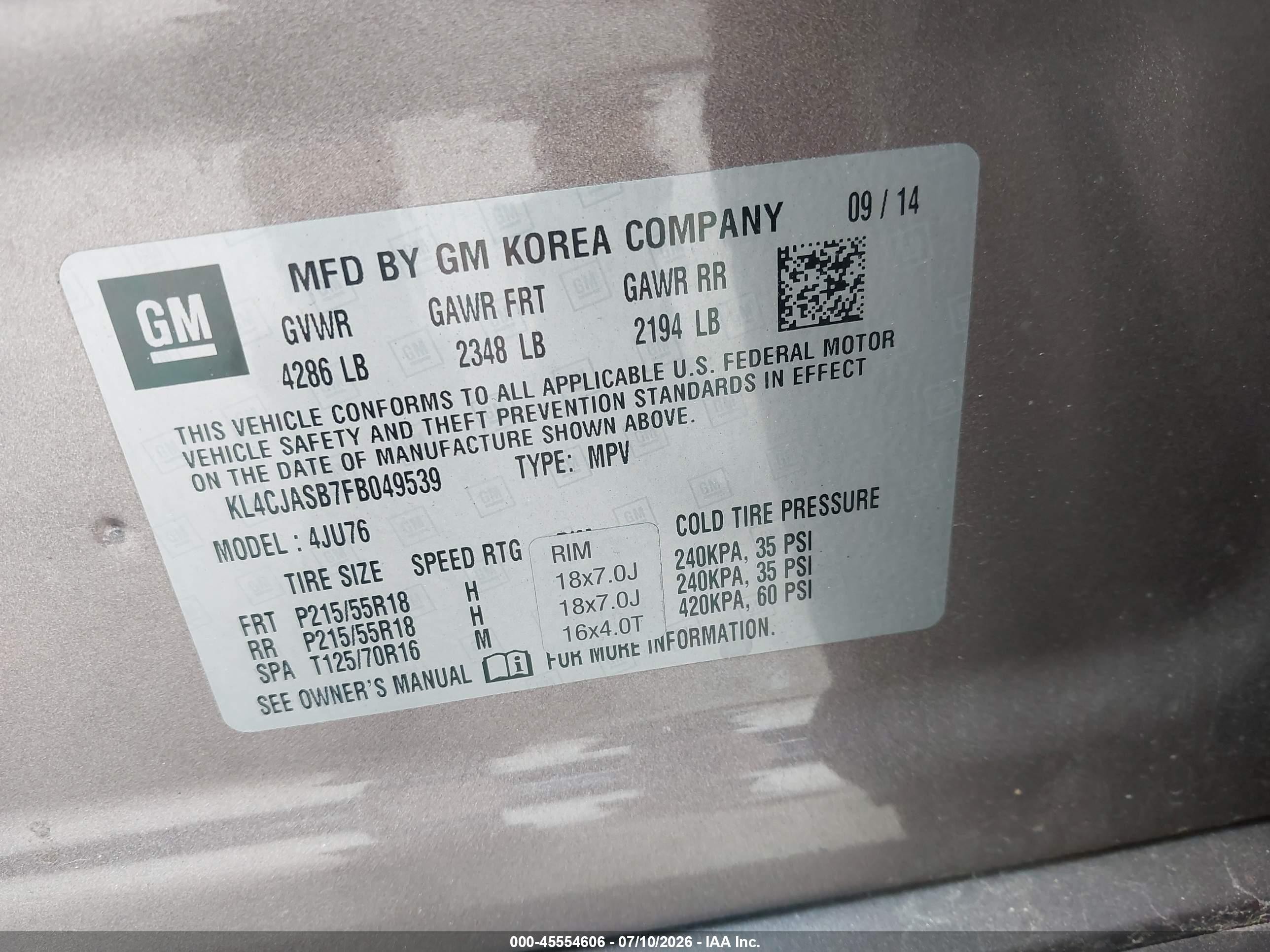 2015 Buick Encore   Brown vin: KL4CJASB7FB049539