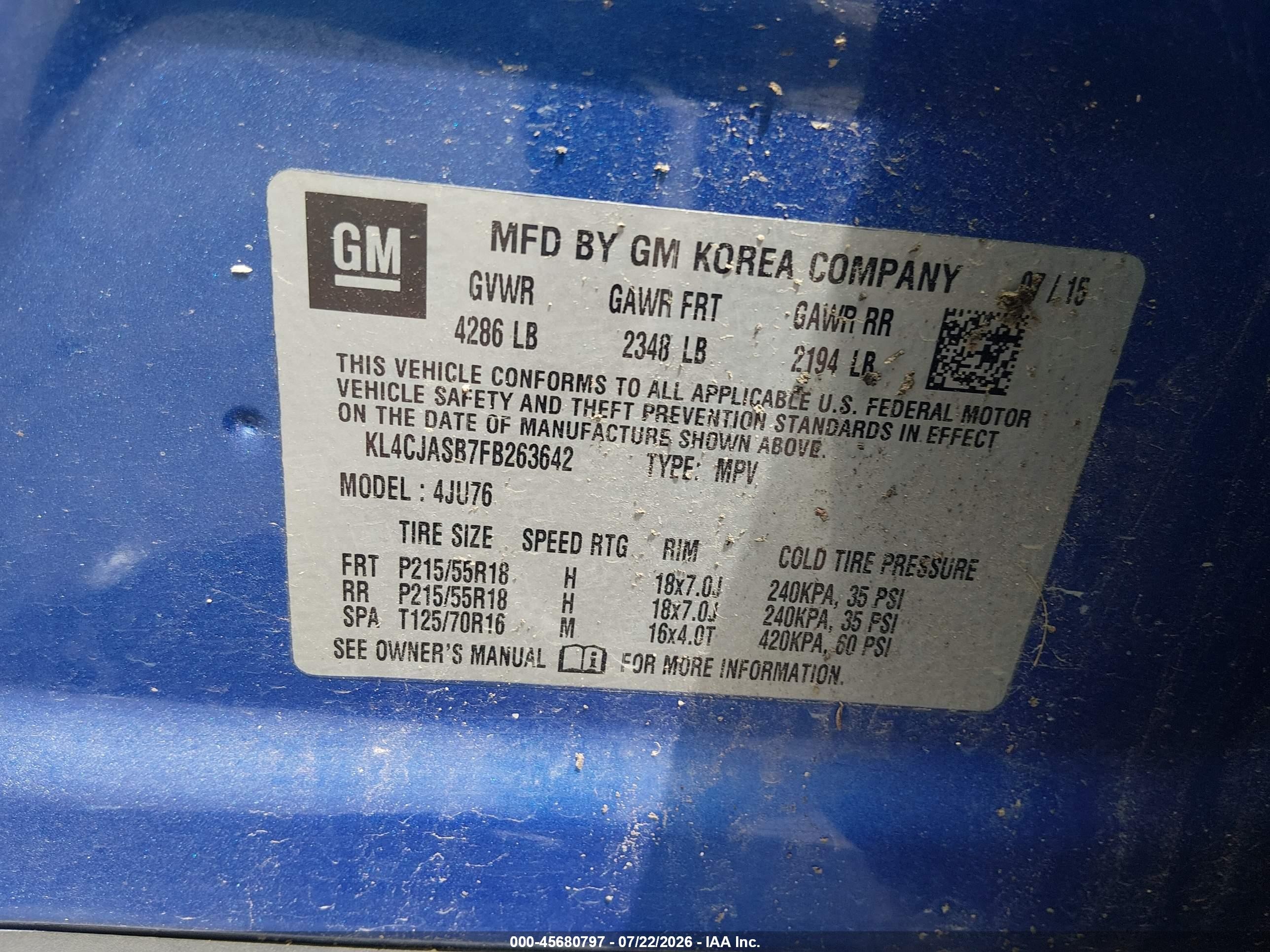 2015 Buick Encore   Blue vin: KL4CJASB7FB263642