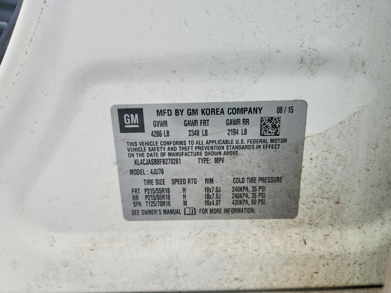 2015 Buick Encore White vin: KL4CJASB8FB270261